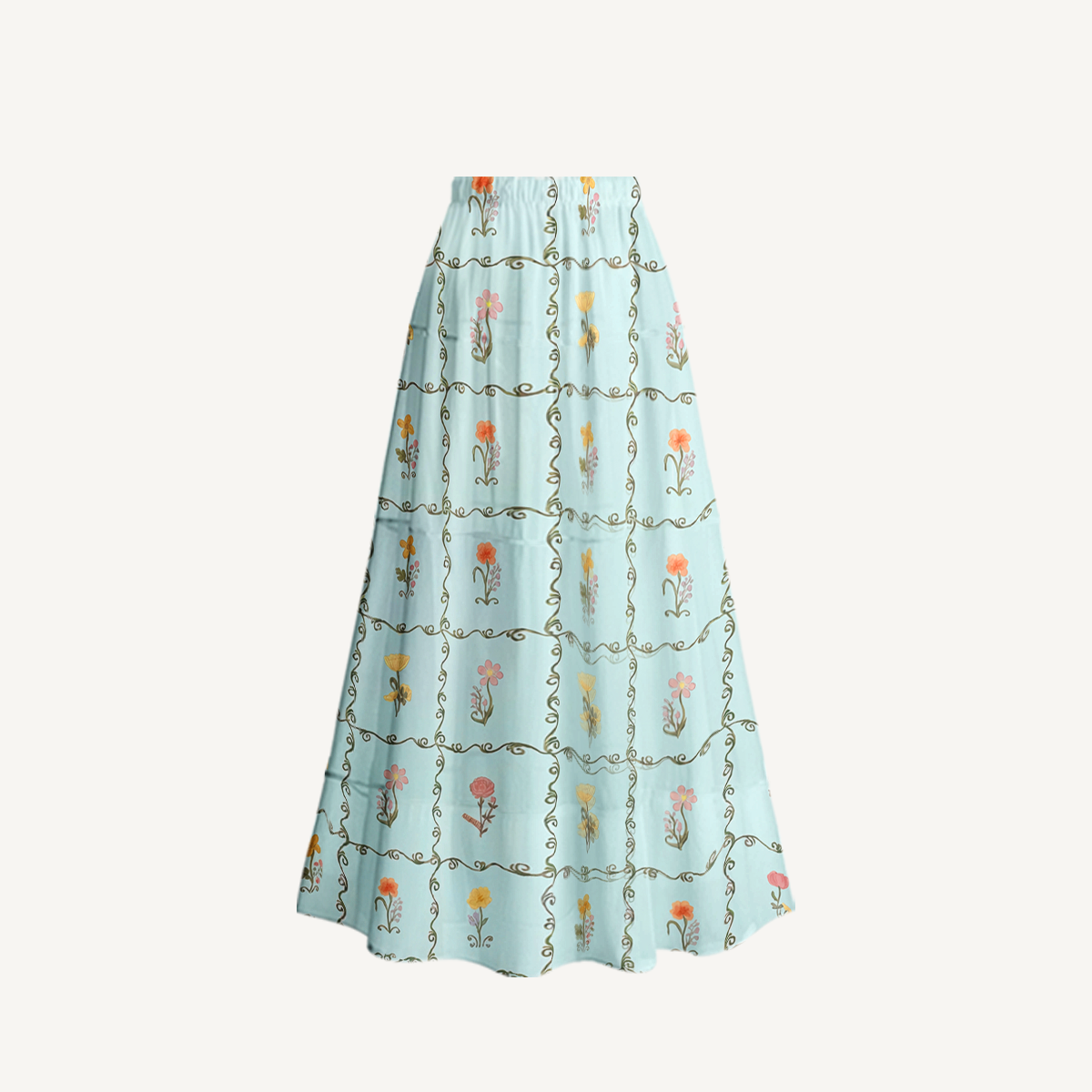 Sunny Garden Tiles Ruffled V Neck One Piece Swimsuit and Matching Midi Skirt Set