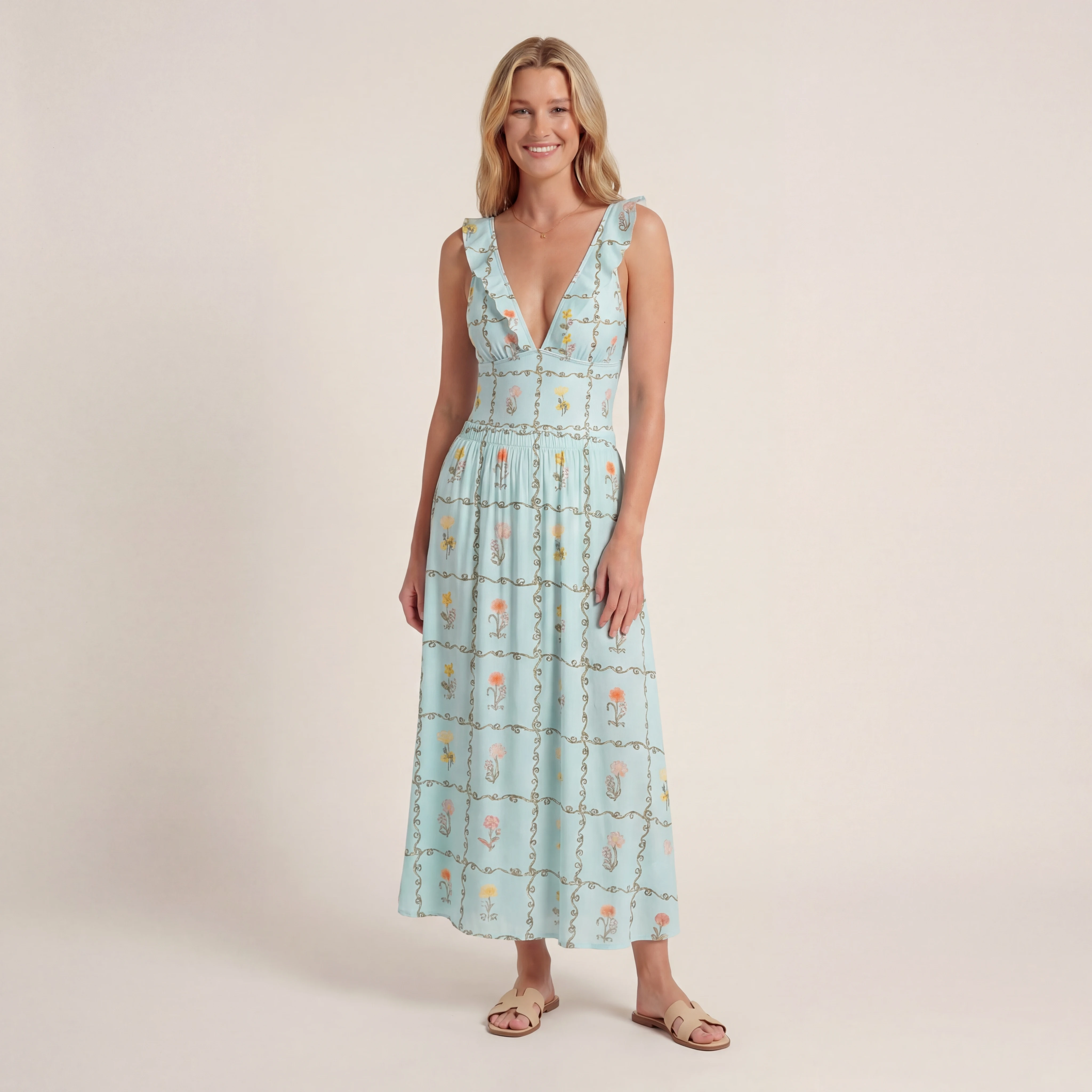 Sunny Garden Tiles Ruffled V Neck One Piece Swimsuit and Matching Midi Skirt Set