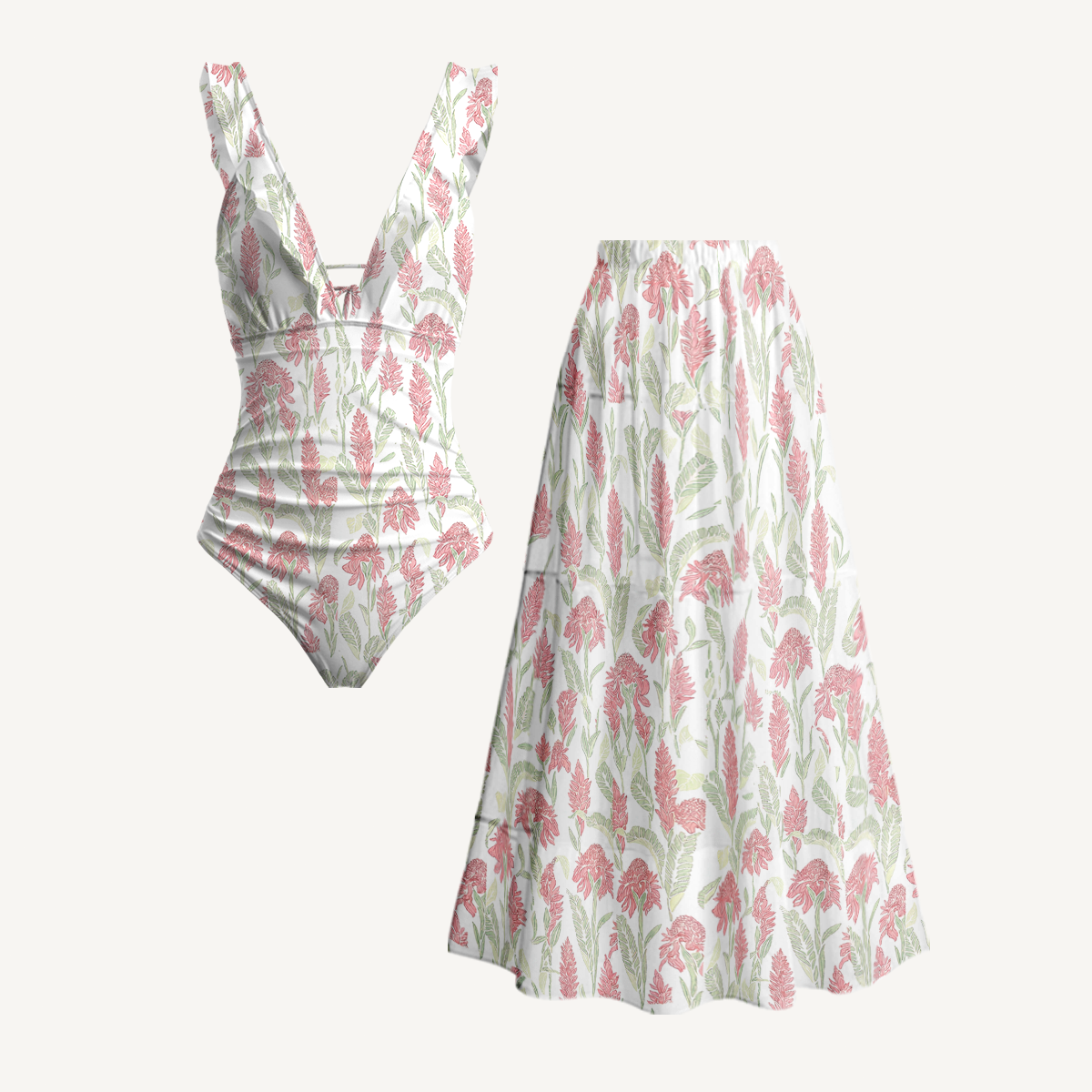 Wild Feather Whisper Ruffled V Neck One Piece Swimsuit and Matching Midi Skirt Set