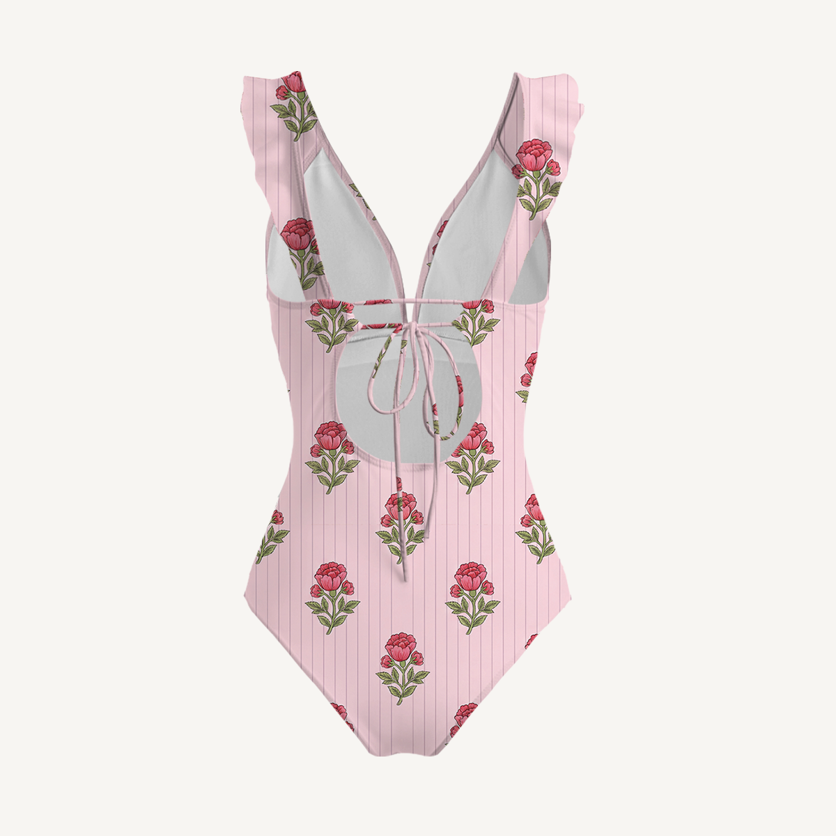 Misty Rose Garden Ruffled V Neck One Piece Swimsuit and Matching Midi Skirt Set