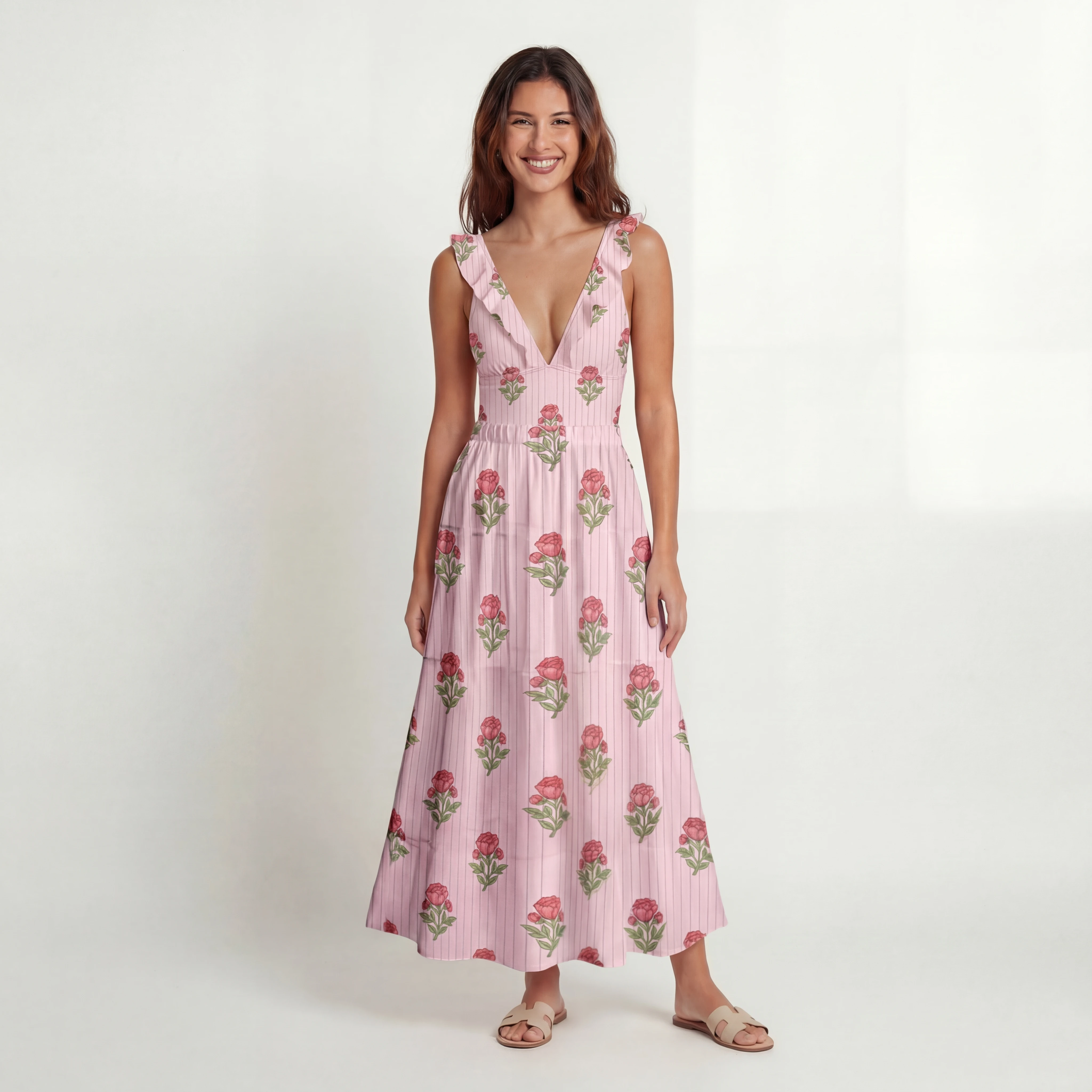 Misty Rose Garden Ruffled V Neck One Piece Swimsuit and Matching Midi Skirt Set