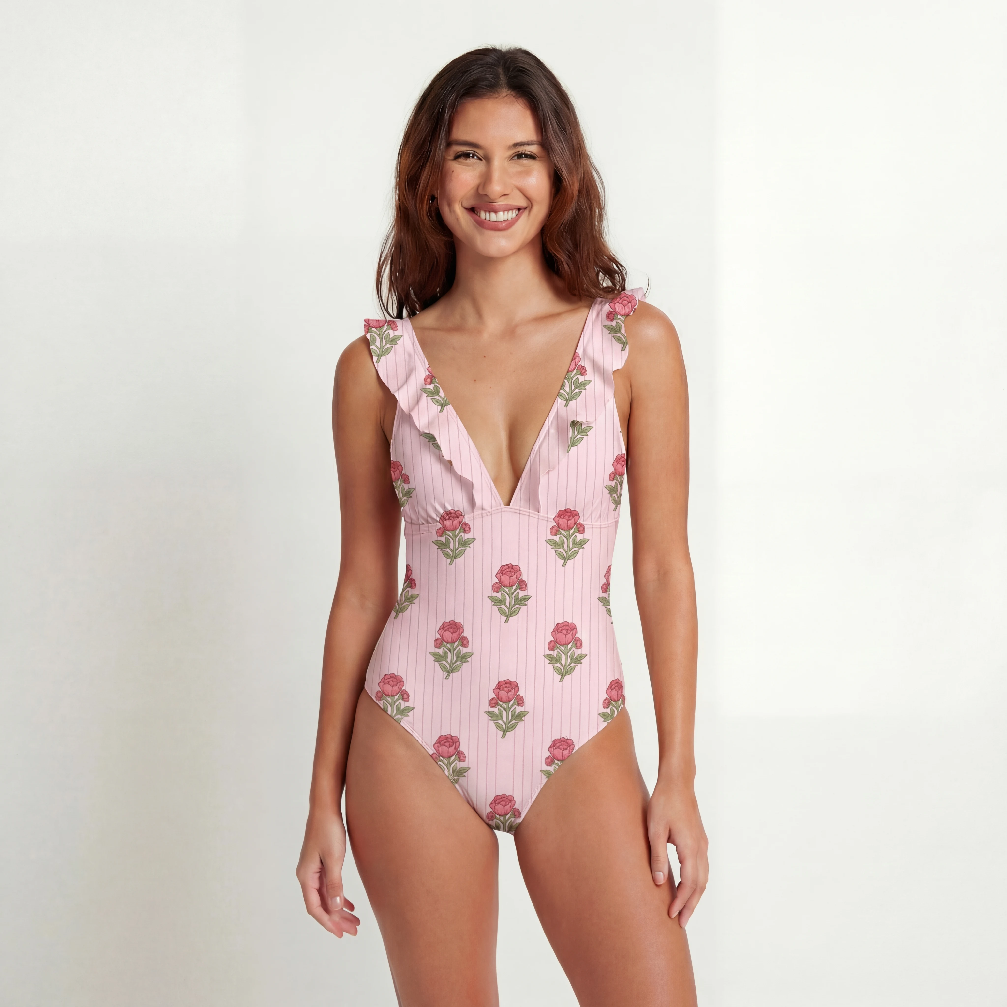 Misty Rose Garden Ruffled V Neck One Piece Swimsuit and Matching Midi Skirt Set