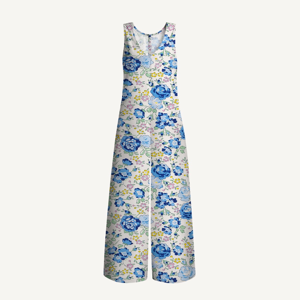 V-Neck Blue Rose Floral Boho Jumpsuit with Pockets for Women