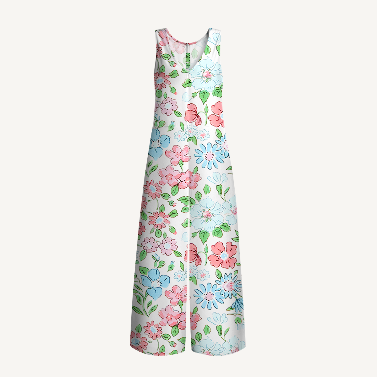 V-Neck Pastel Cottage Floral Jumpsuit with Pockets for Women