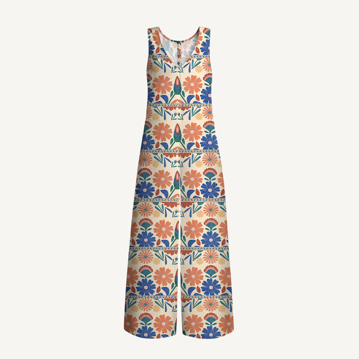 V-Neck Bohemian Folk Floral Stripe Jumpsuit with Pockets for Women