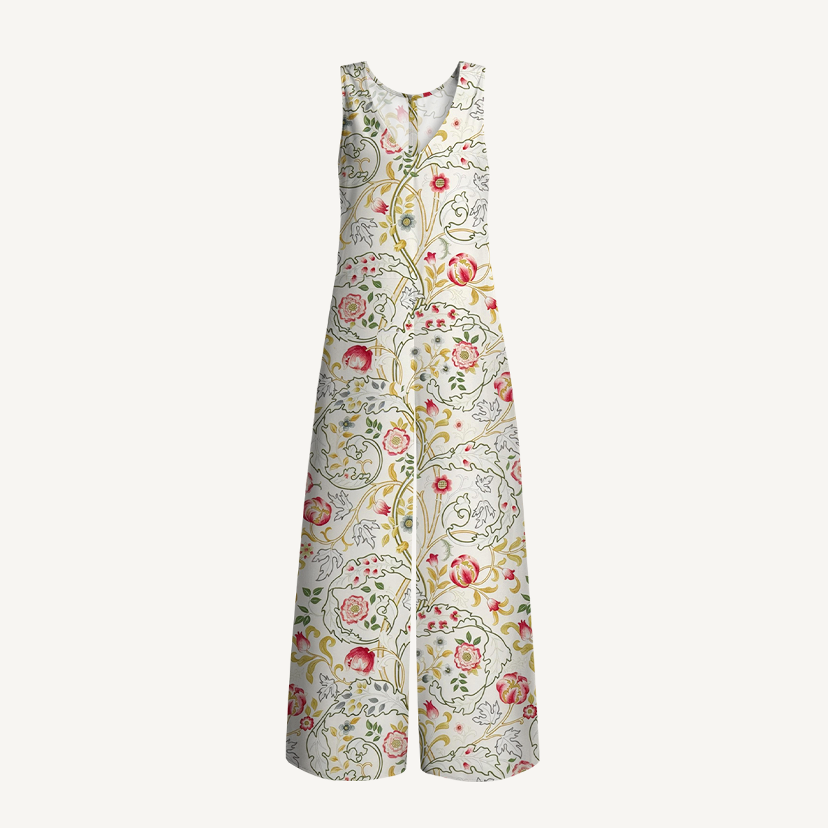 V-Neck Peony Vine Garden Jumpsuit with Pockets for Women