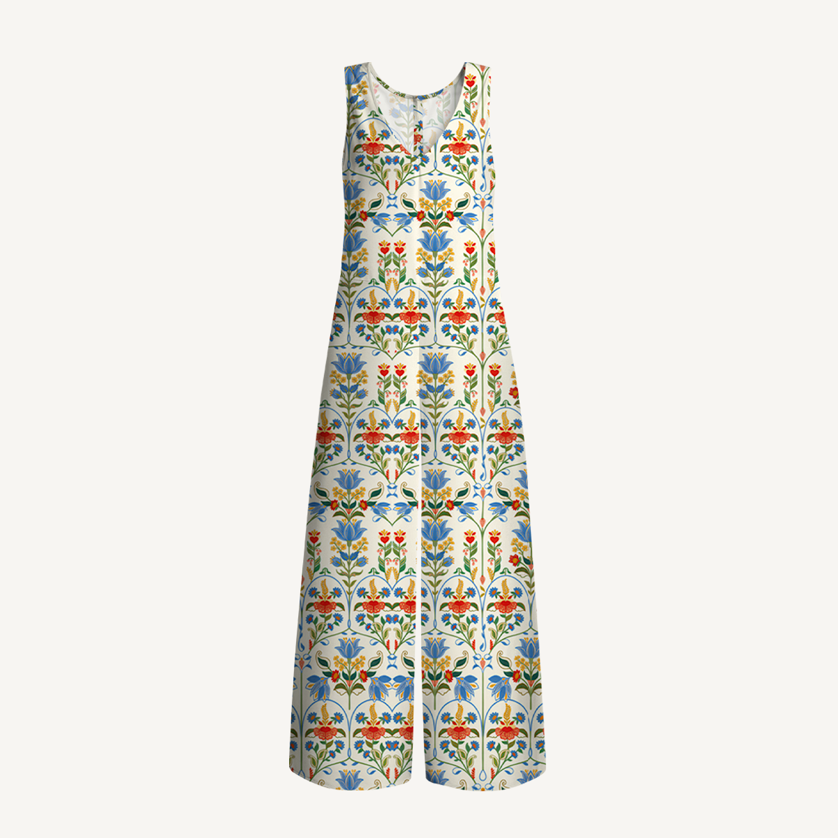 V-Neck Folk Bloom Jumpsuit with Pockets for Women