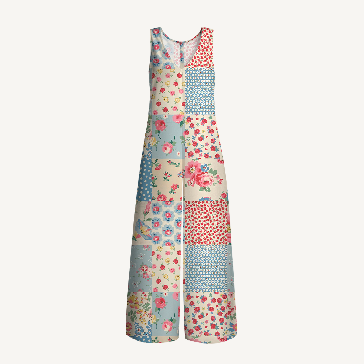 V-Neck Pastel Patc Boho Jumpsuit with Pockets for Women