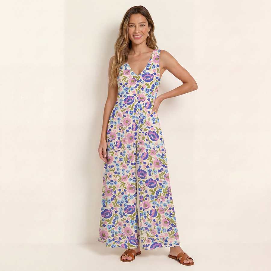 V-Neck Lavender Bloom Boho Jumpsuit with Pockets for Women