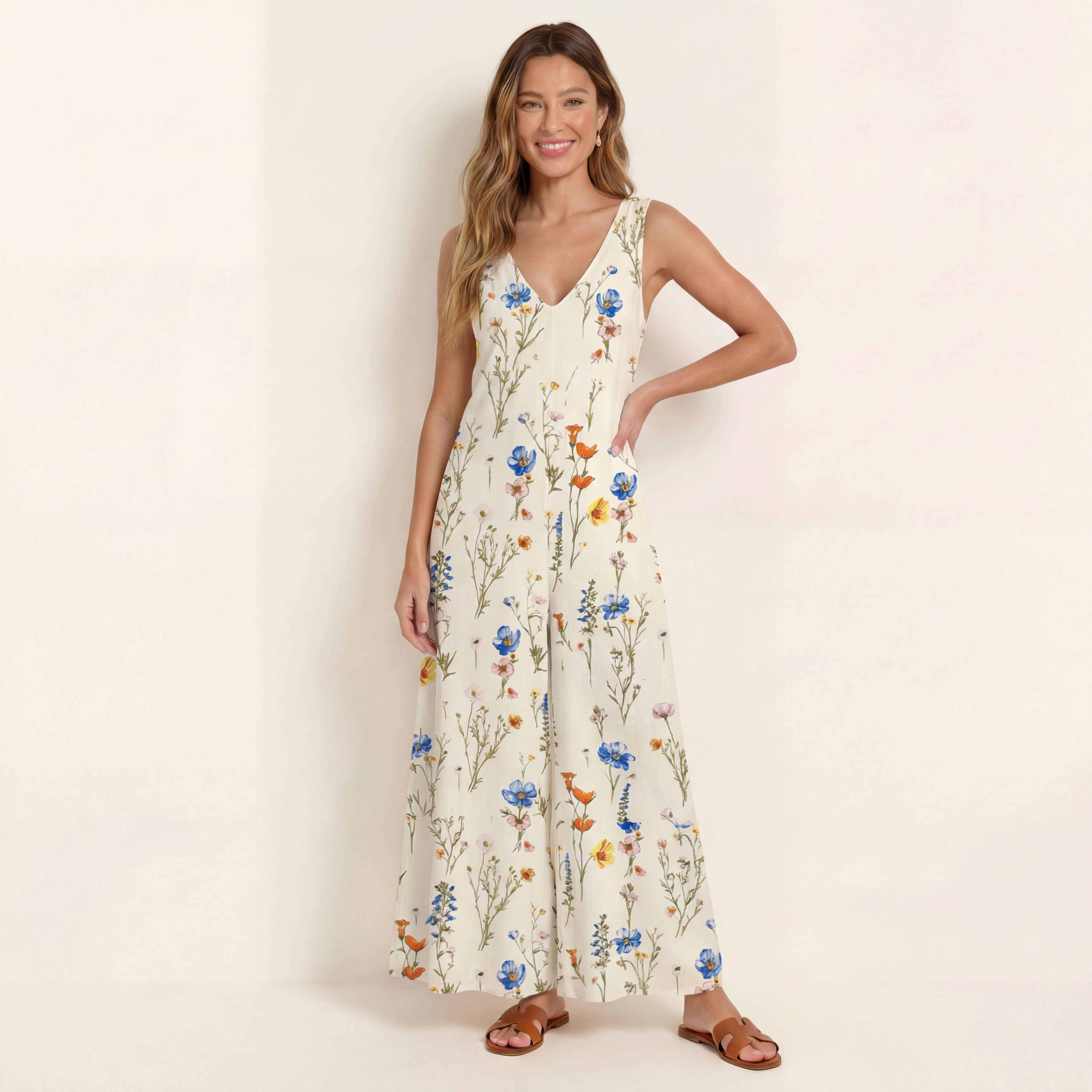 V-Neck Wild Bloom Boho Jumpsuit with Pockets for Women