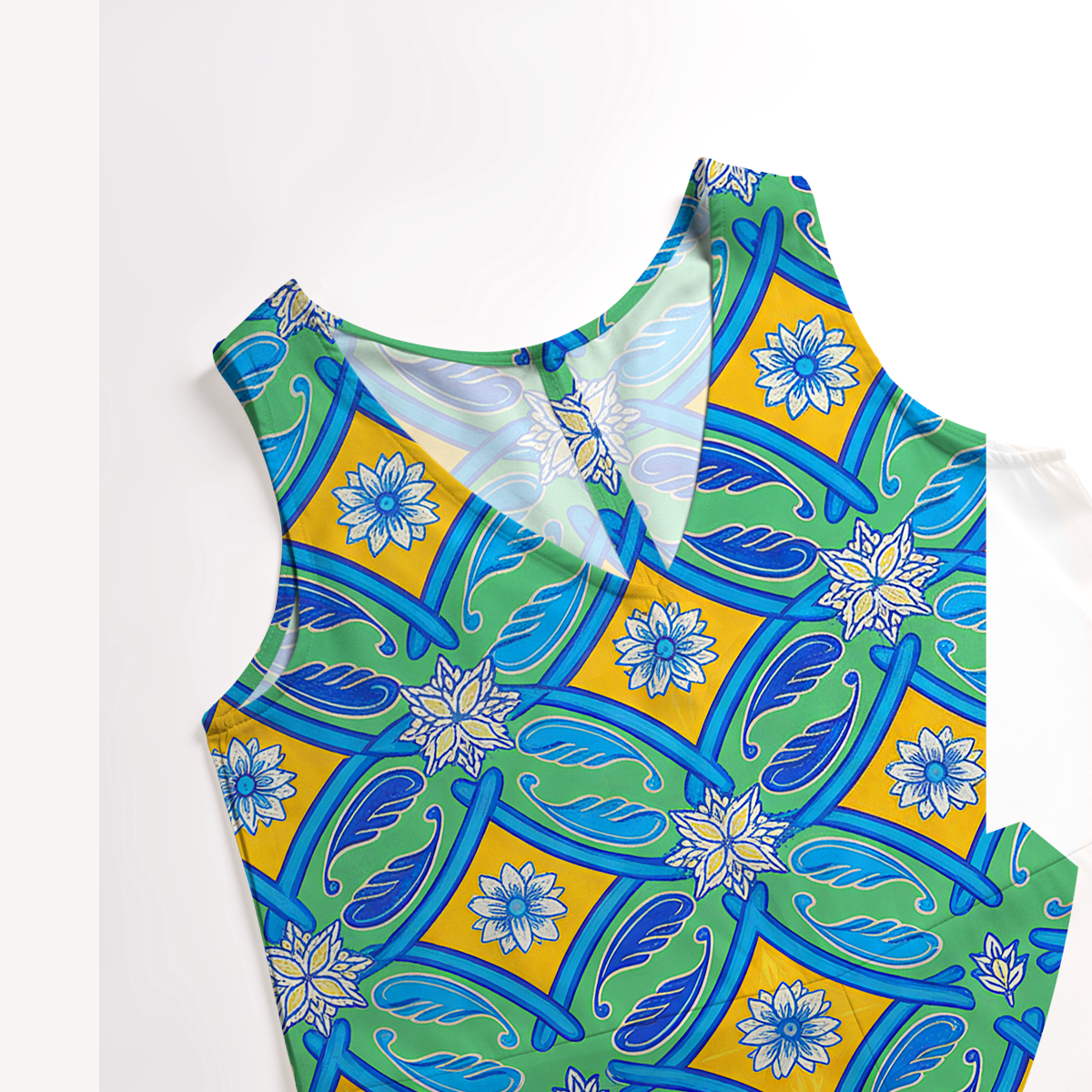 V-Neck Azure Tile Boho Jumpsuit with Pockets for Women