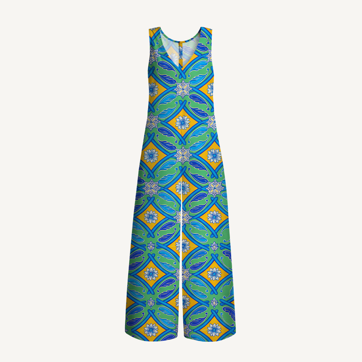 V-Neck Azure Tile Boho Jumpsuit with Pockets for Women