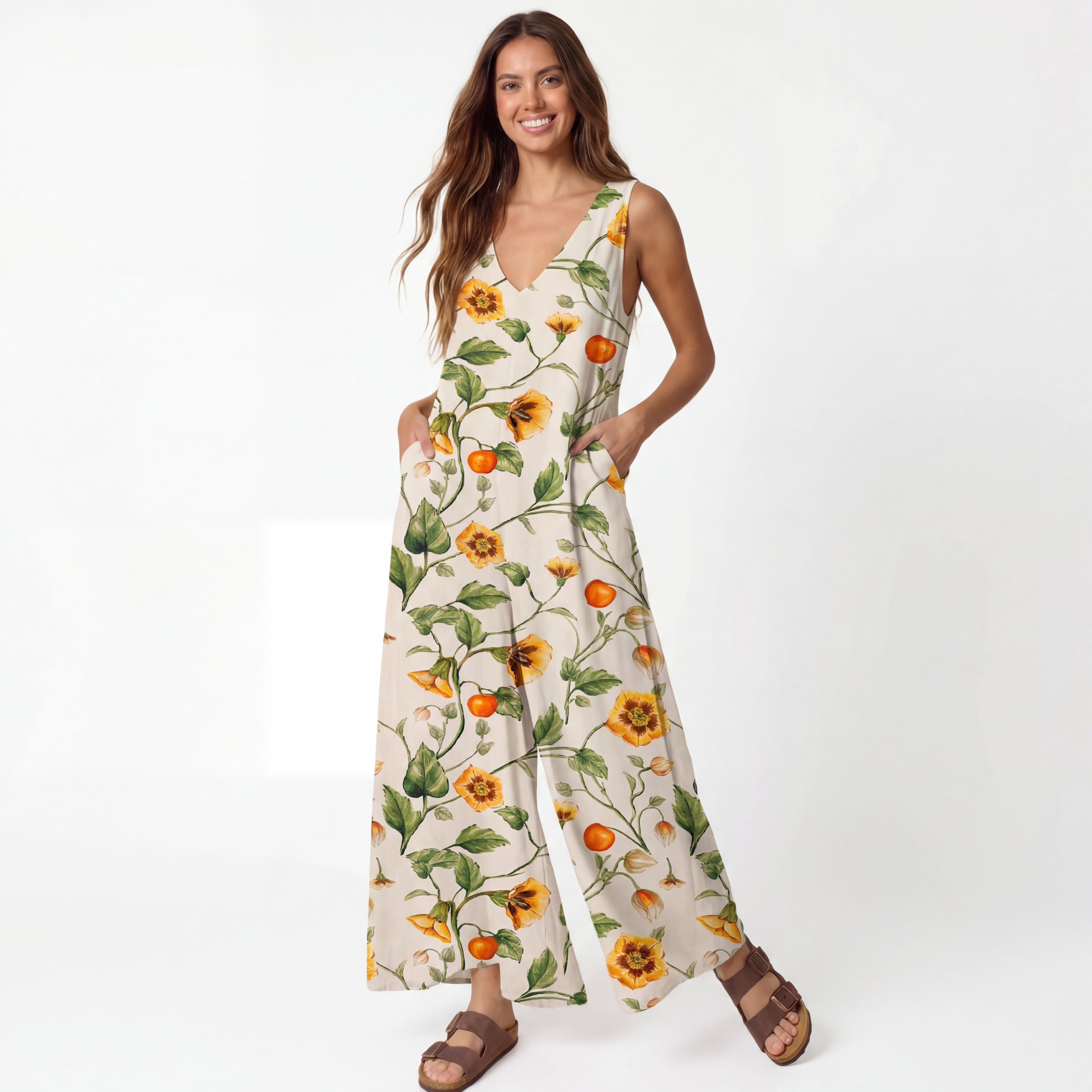 V-Neck Golden Field Boho Jumpsuit with Pockets for Women