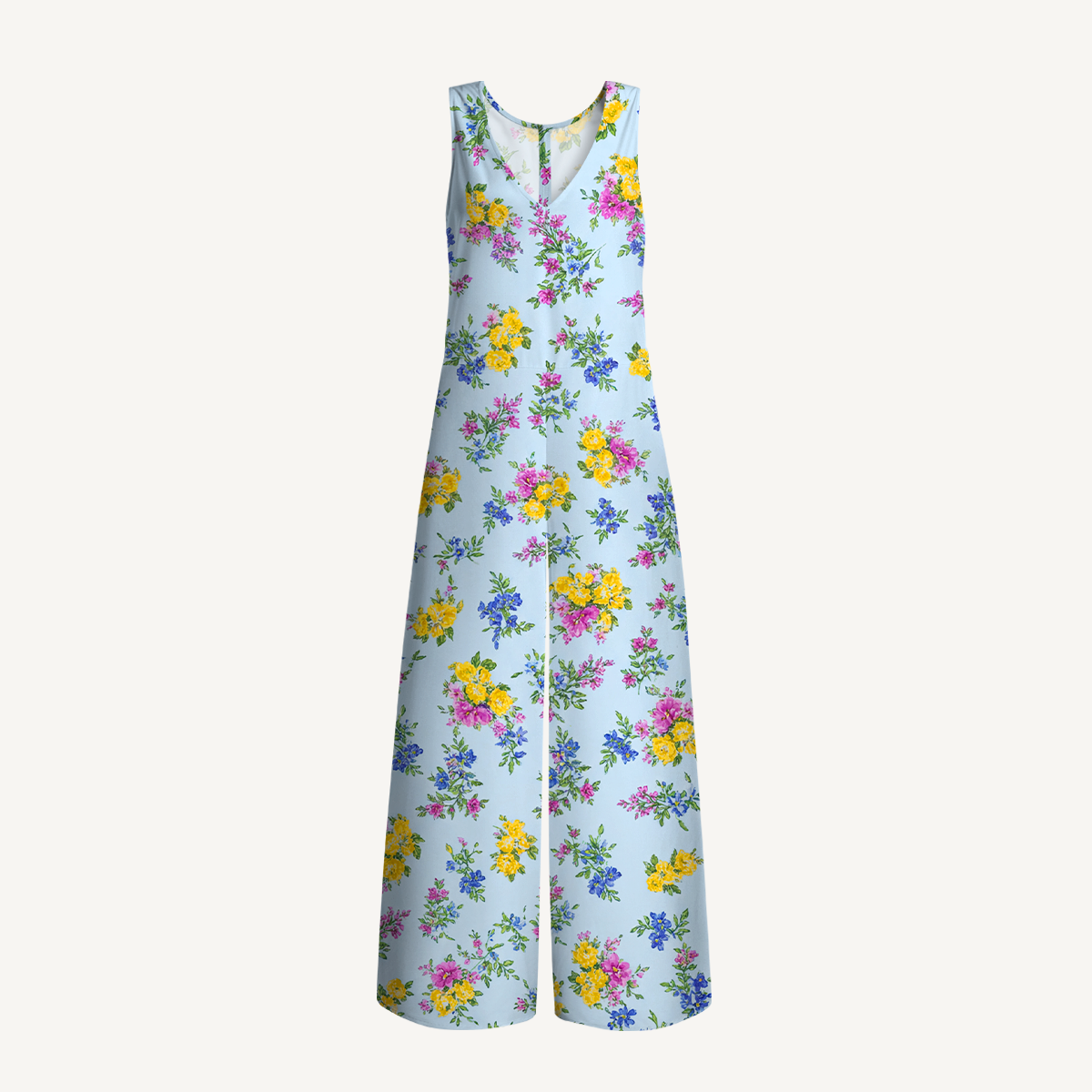 V-Neck Blue Meadow Boho Jumpsuit with Pockets for Women