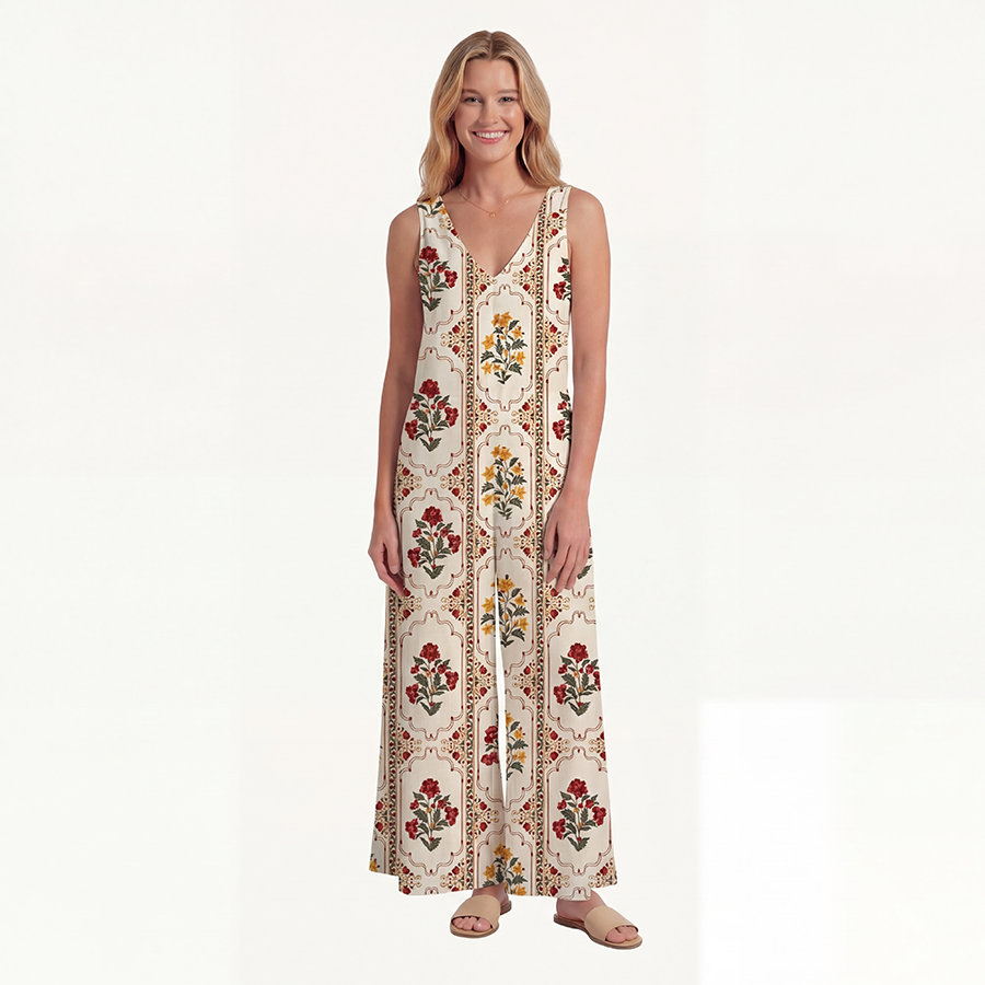 V-Neck Velvet Carnation Boho Jumpsuit with Pockets for Women