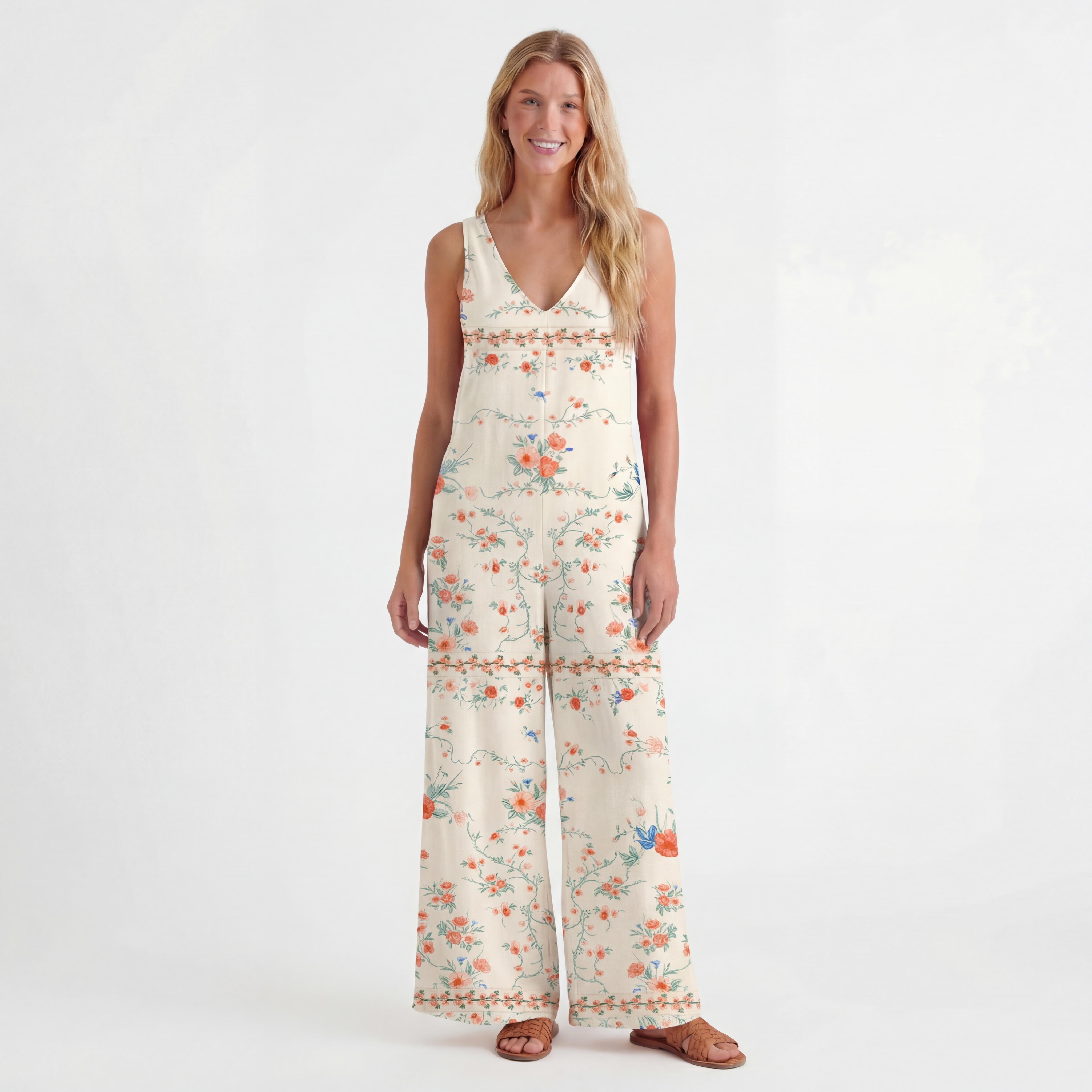 V-Neck Wild Bloom Boho Jumpsuit with Pockets for Women