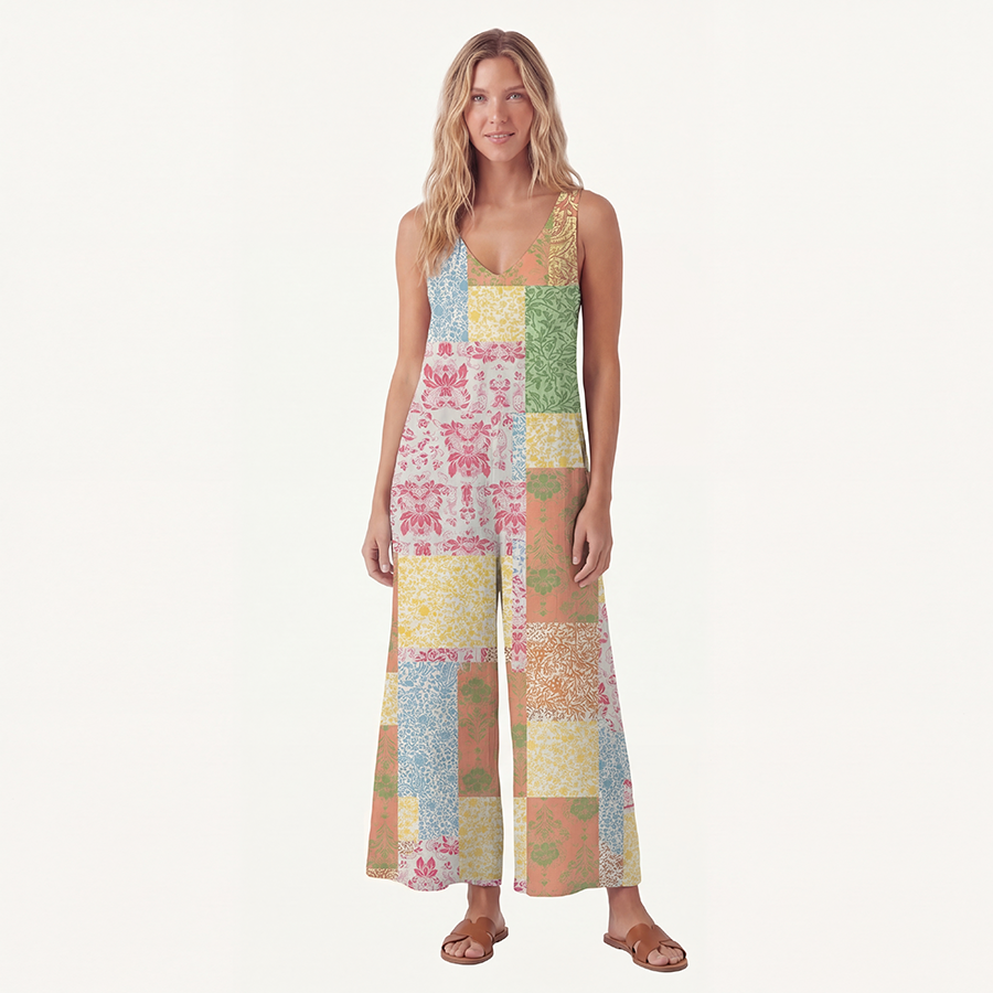 V-Neck Morning Patch Boho Jumpsuit with Pockets for Women