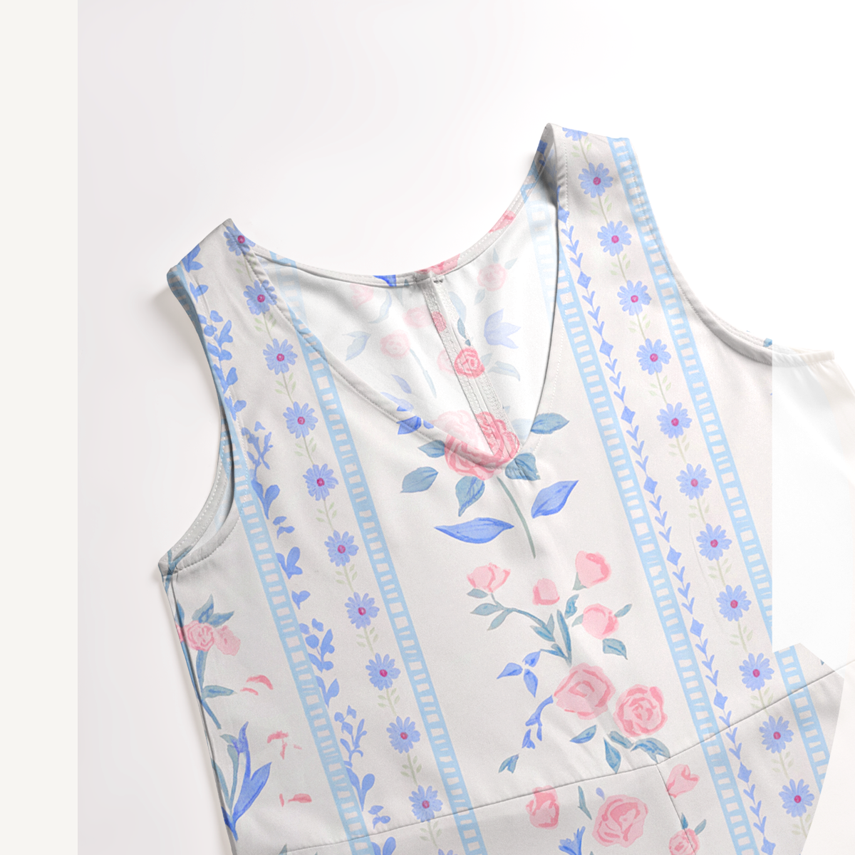 V-Neck Blue Rose Boho Jumpsuit with Pockets for Women