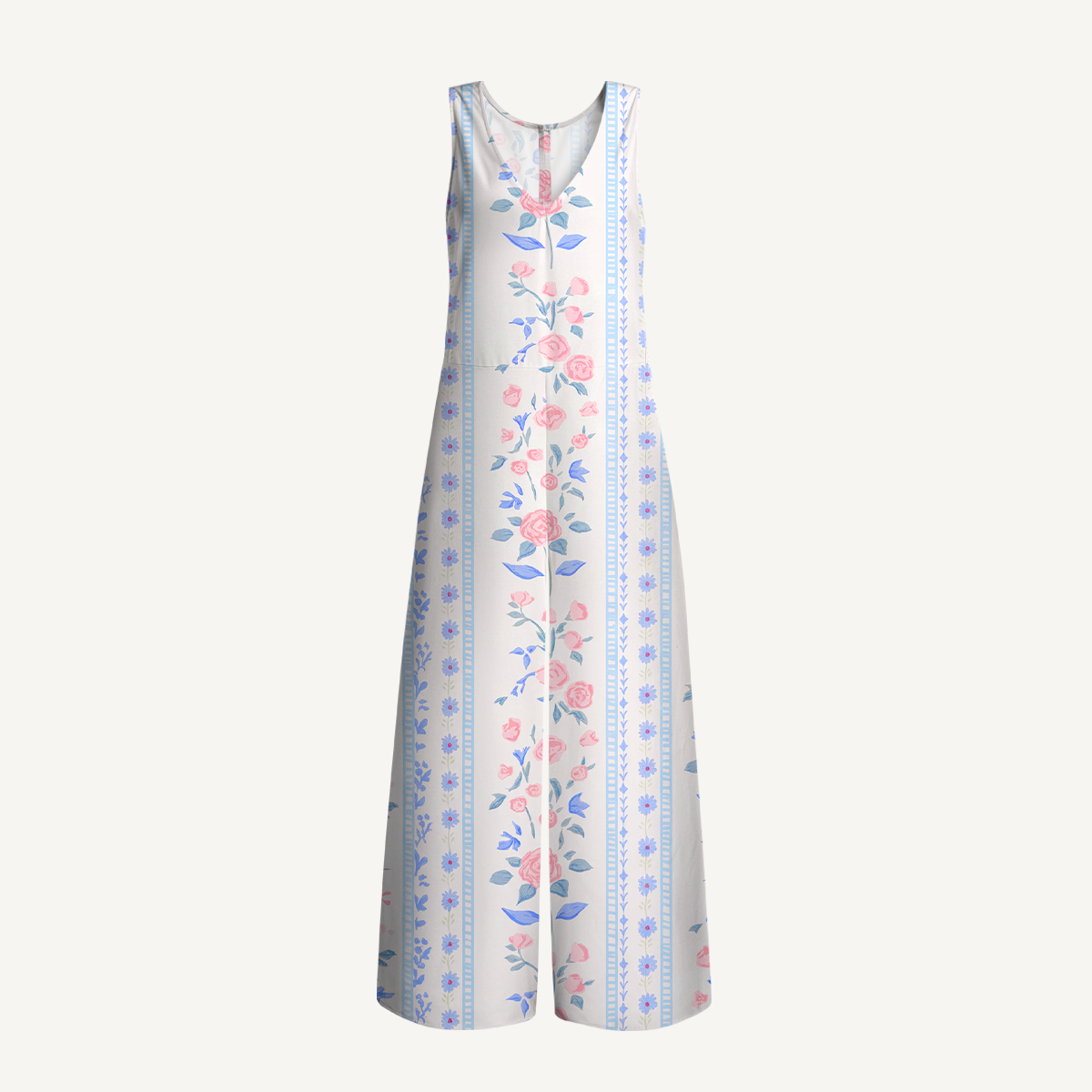 V-Neck Blue Rose Boho Jumpsuit with Pockets for Women