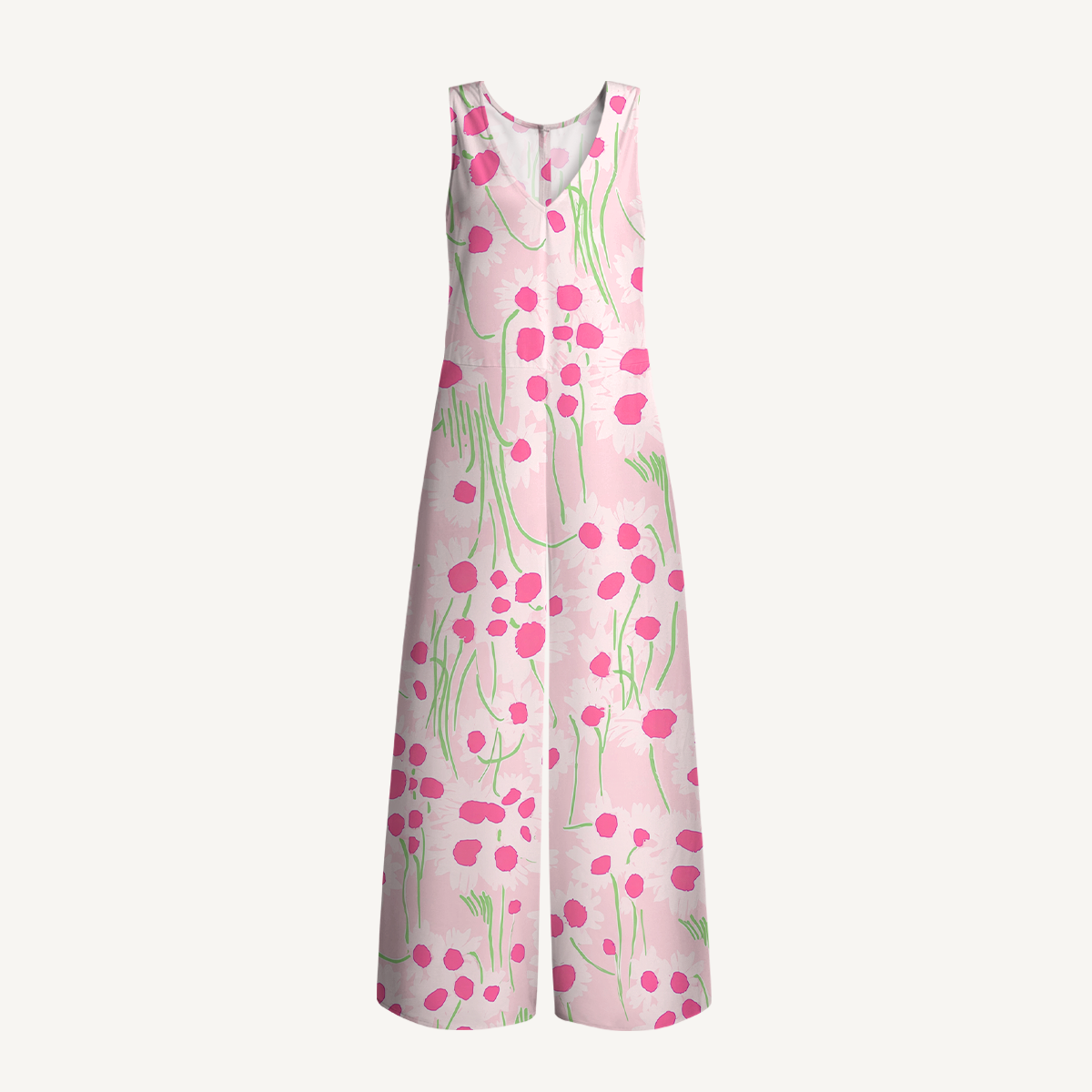 V-Neck Pink Daisy Boho Jumpsuit with Pockets for Women