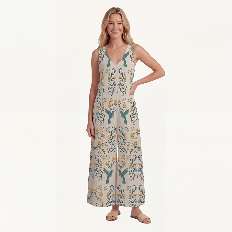 V-Neck Whispering Hummingbird Boho Jumpsuit with Pockets for Women
