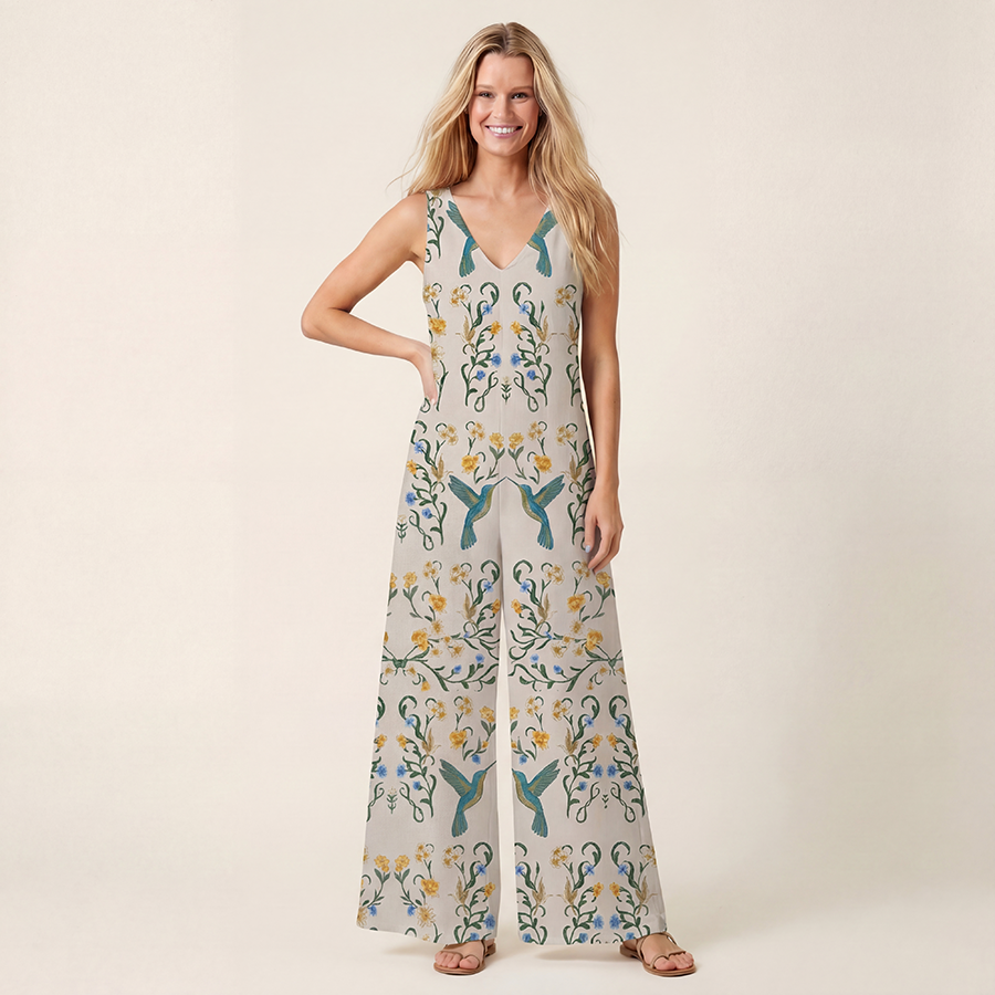 V-Neck Whispering Hummingbird Boho Jumpsuit with Pockets for Women