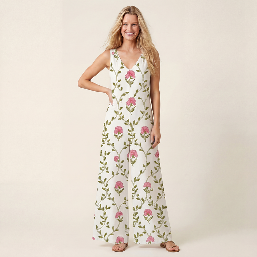 V-Neck Clover Vine Whisper Boho Jumpsuit with Pockets for Women