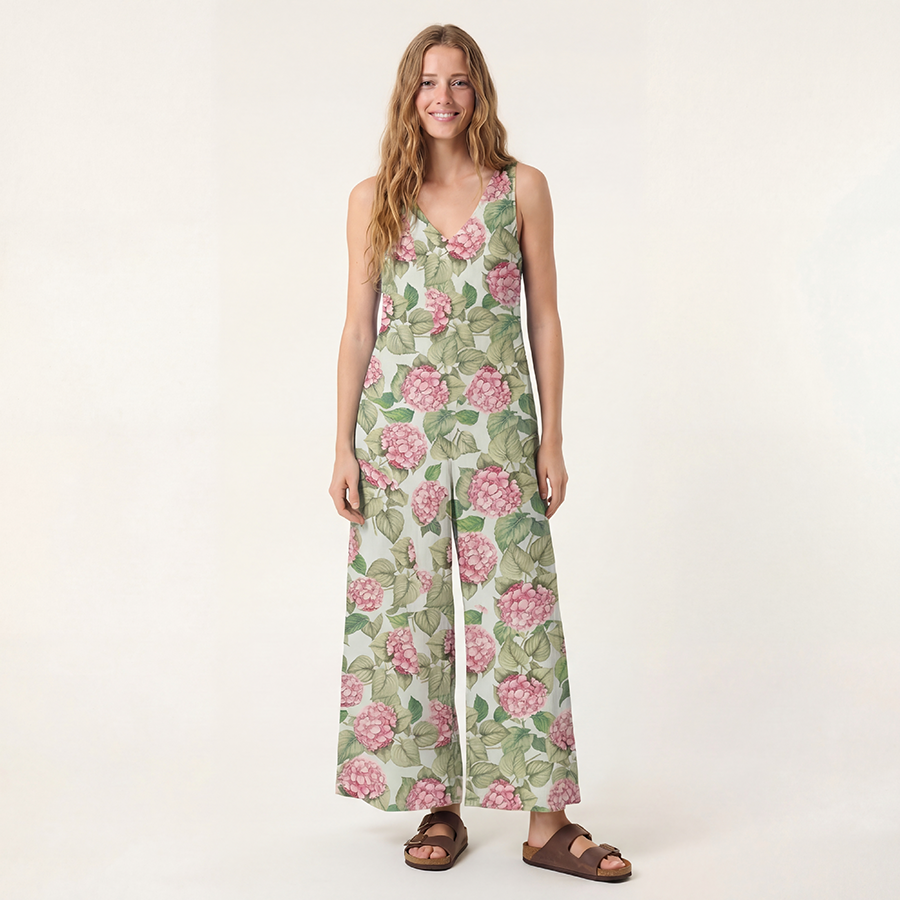 V-Neck Hydrangea Whisper Boho Jumpsuit with Pockets for Women