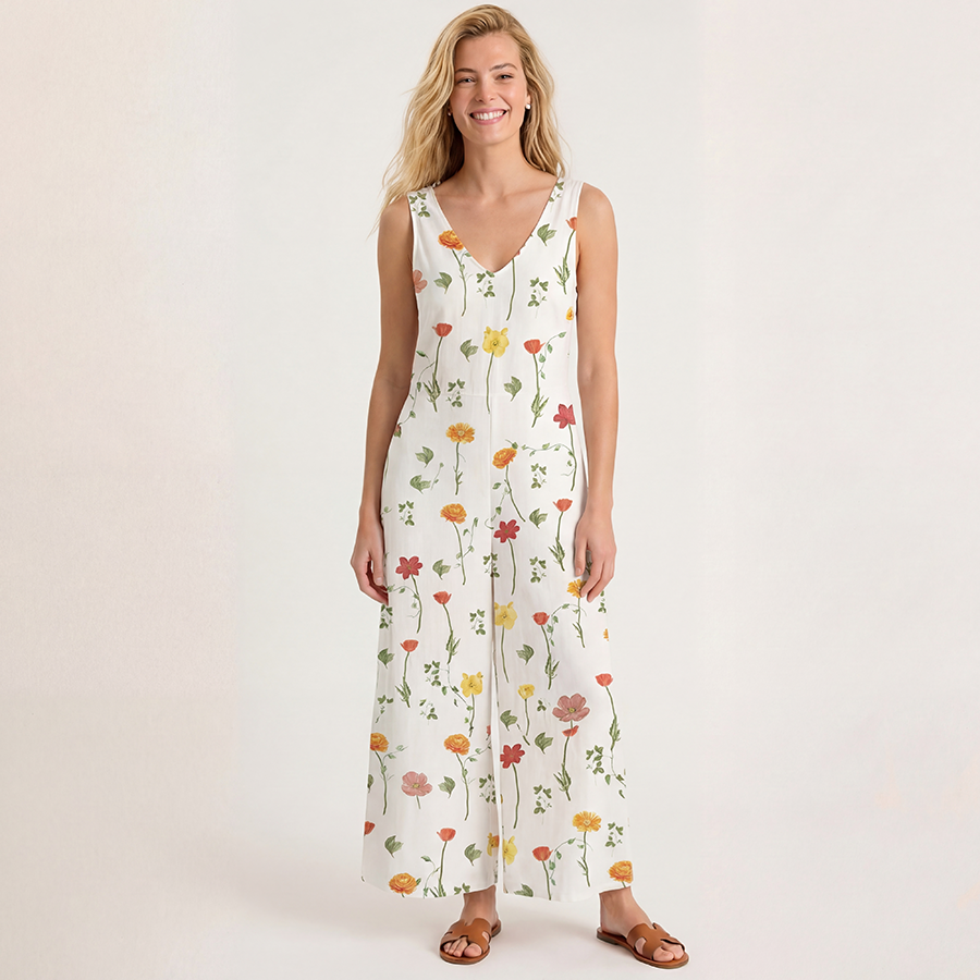 V-Neck Wildlight Meadow Boho Jumpsuit with Pockets for Women