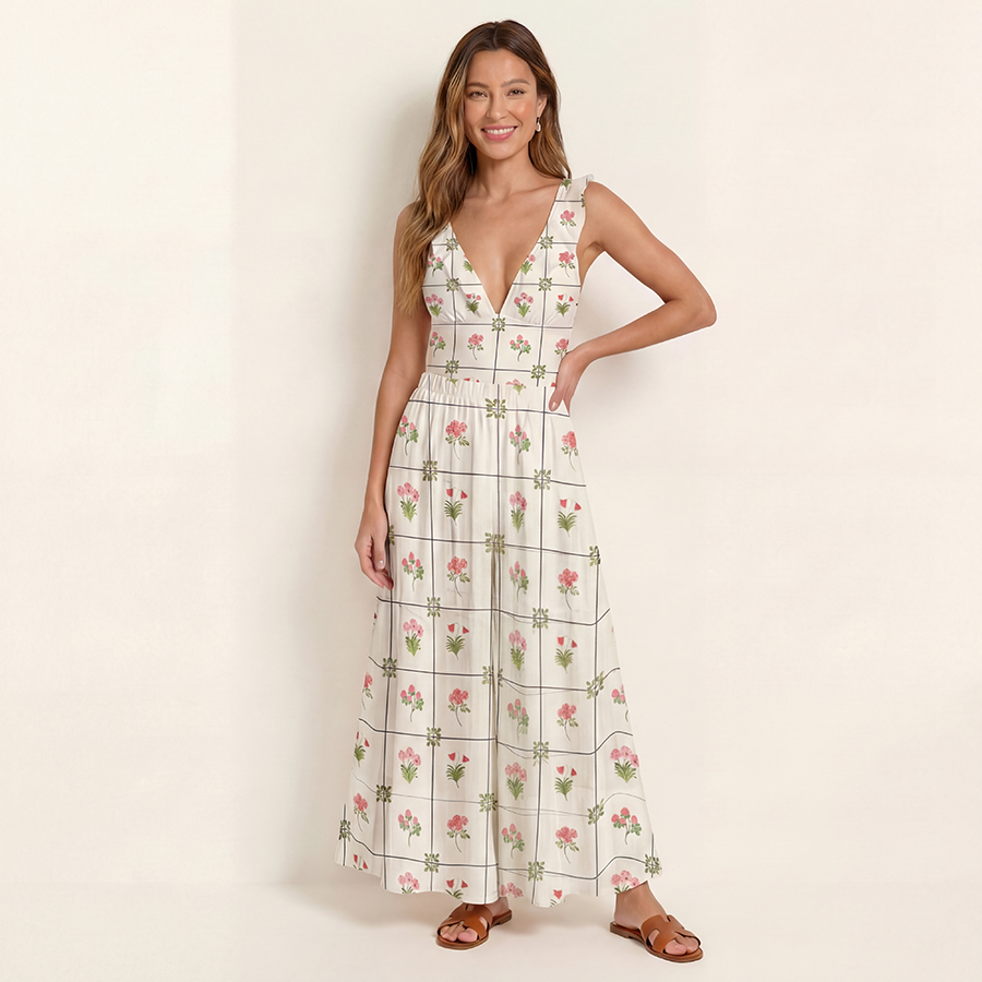 V-Neck Meadow Tile Bloom Boho Jumpsuit with Pockets for Women