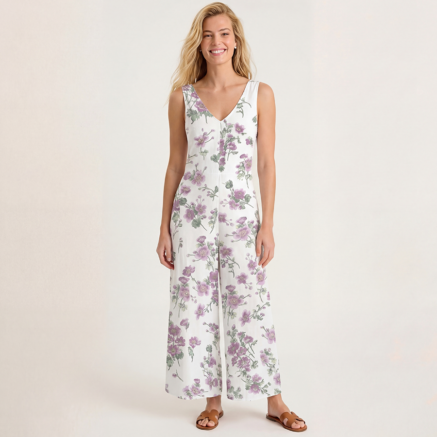 V-Neck Lavender Field Whisper Boho Jumpsuit with Pockets for Women