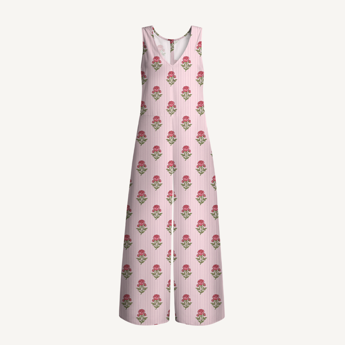 V-Neck Misty Rose Garden Boho Jumpsuit with Pockets for Women