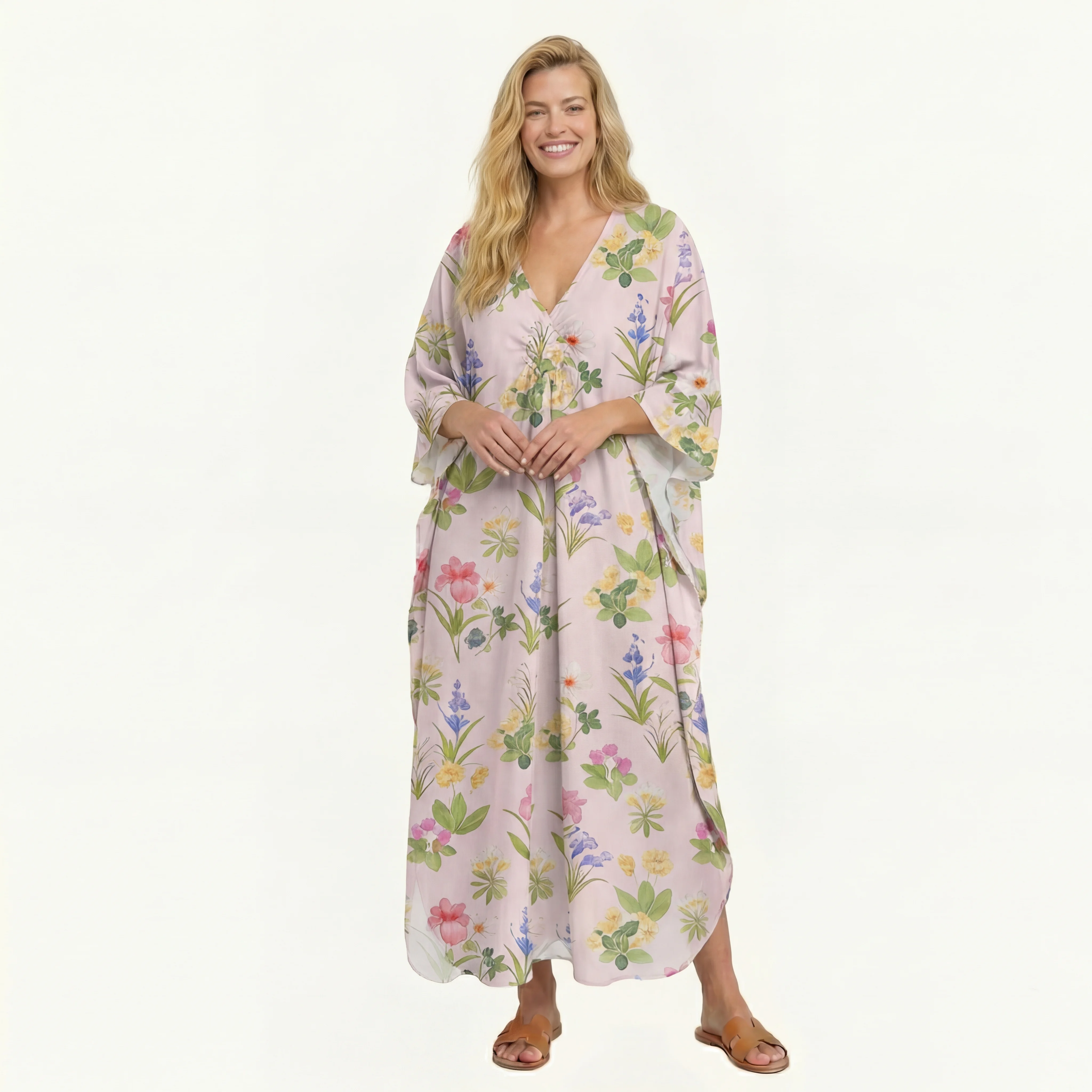 V‑Neck Delicate Blossom Kimono Sleeve Kaftan Dress