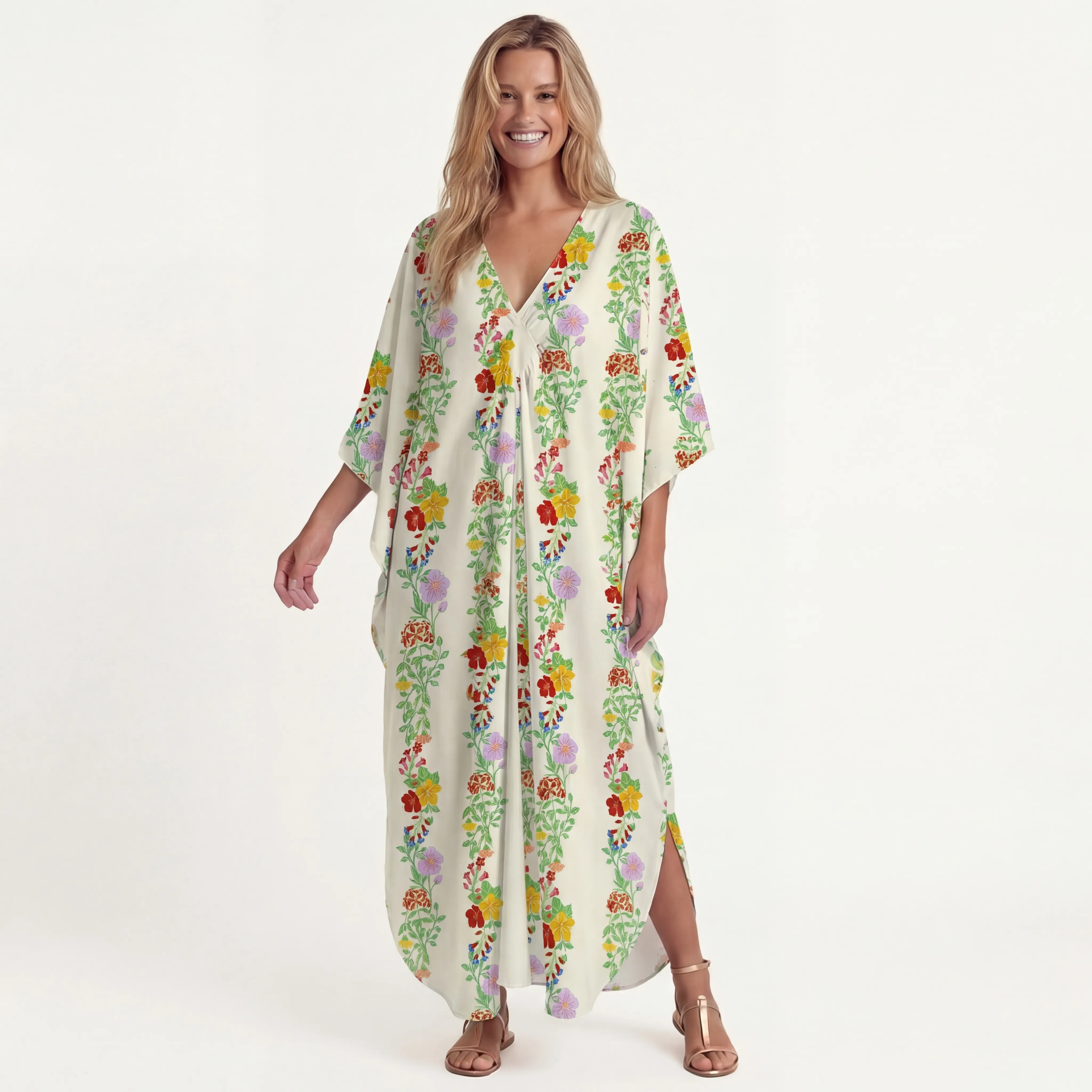  V‑Neck Blossom Trail Kimono Sleeve Kaftan Dress