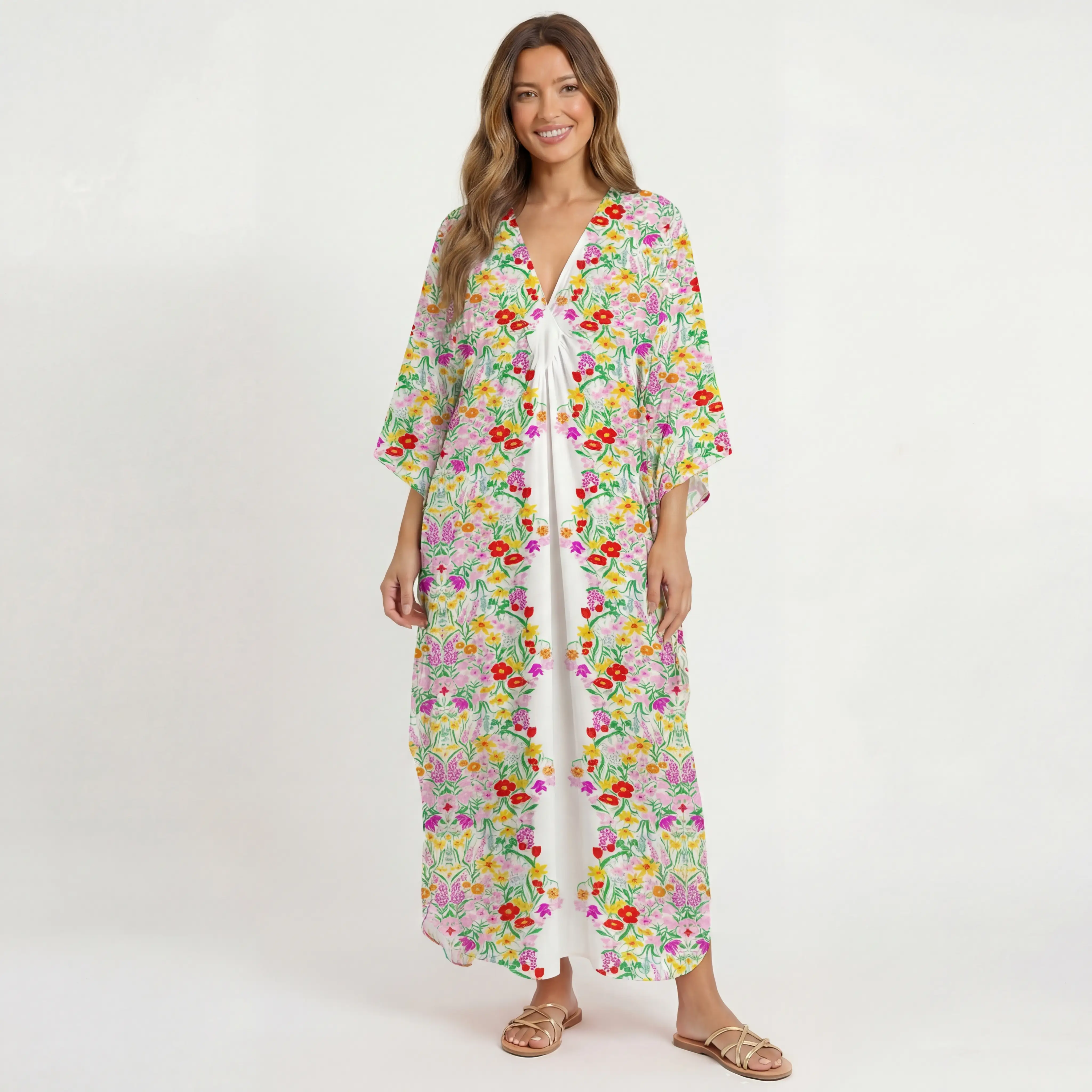  V‑Neck Elegant Garden Kimono Sleeve Kaftan Dress