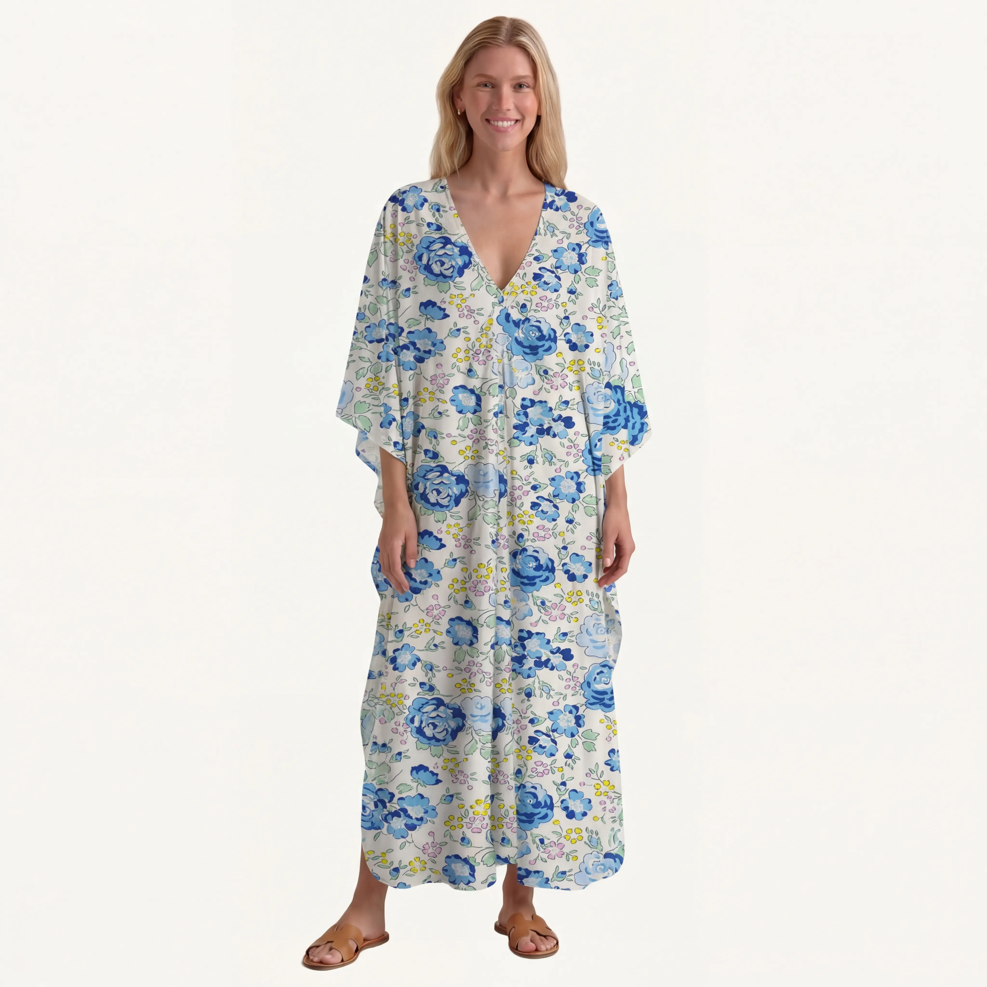  V‑Neck Blue Rose Floral Kimono Sleeve Kaftan Dress