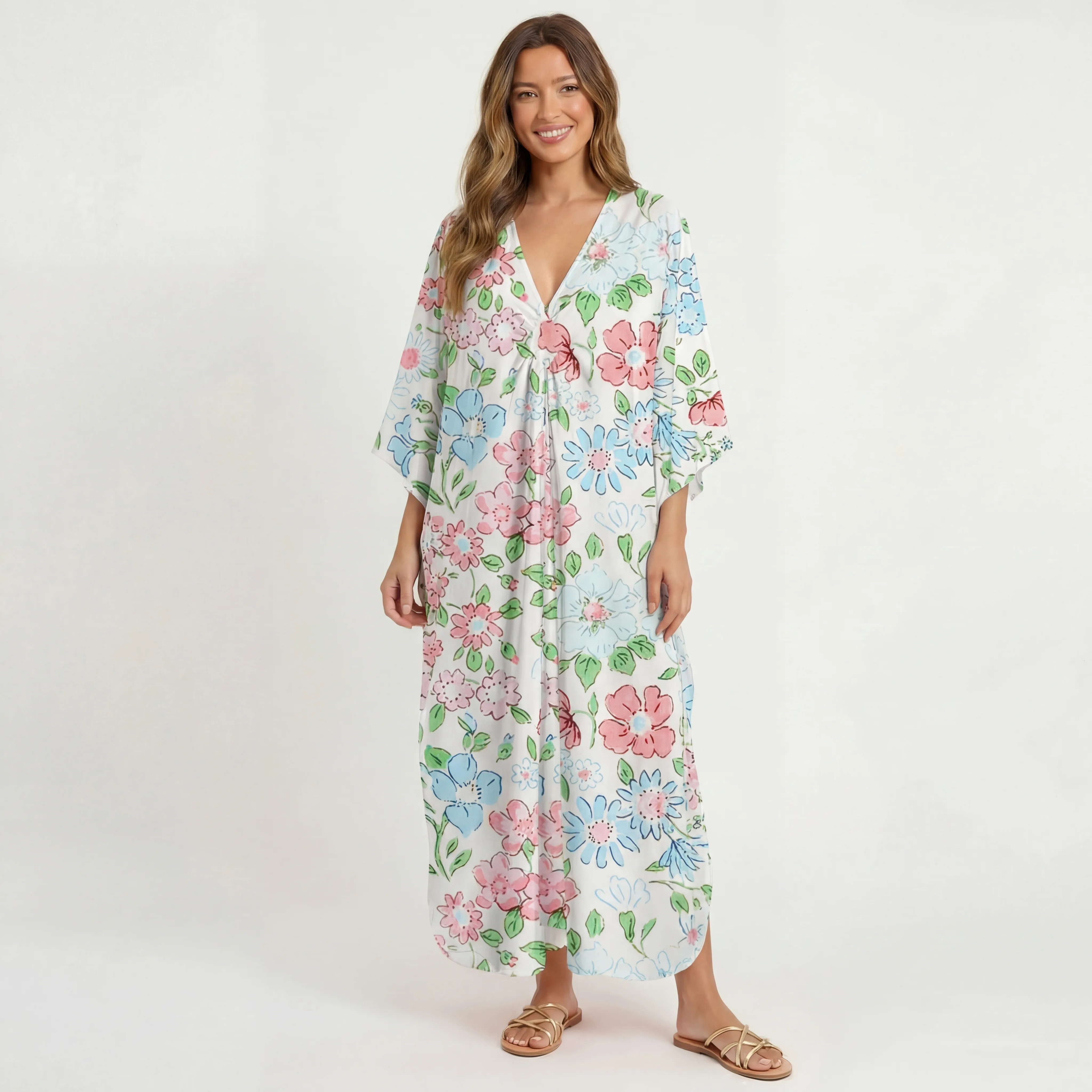  V‑Neck Pastel Cottage Floral Kimono Sleeve Kaftan Dress