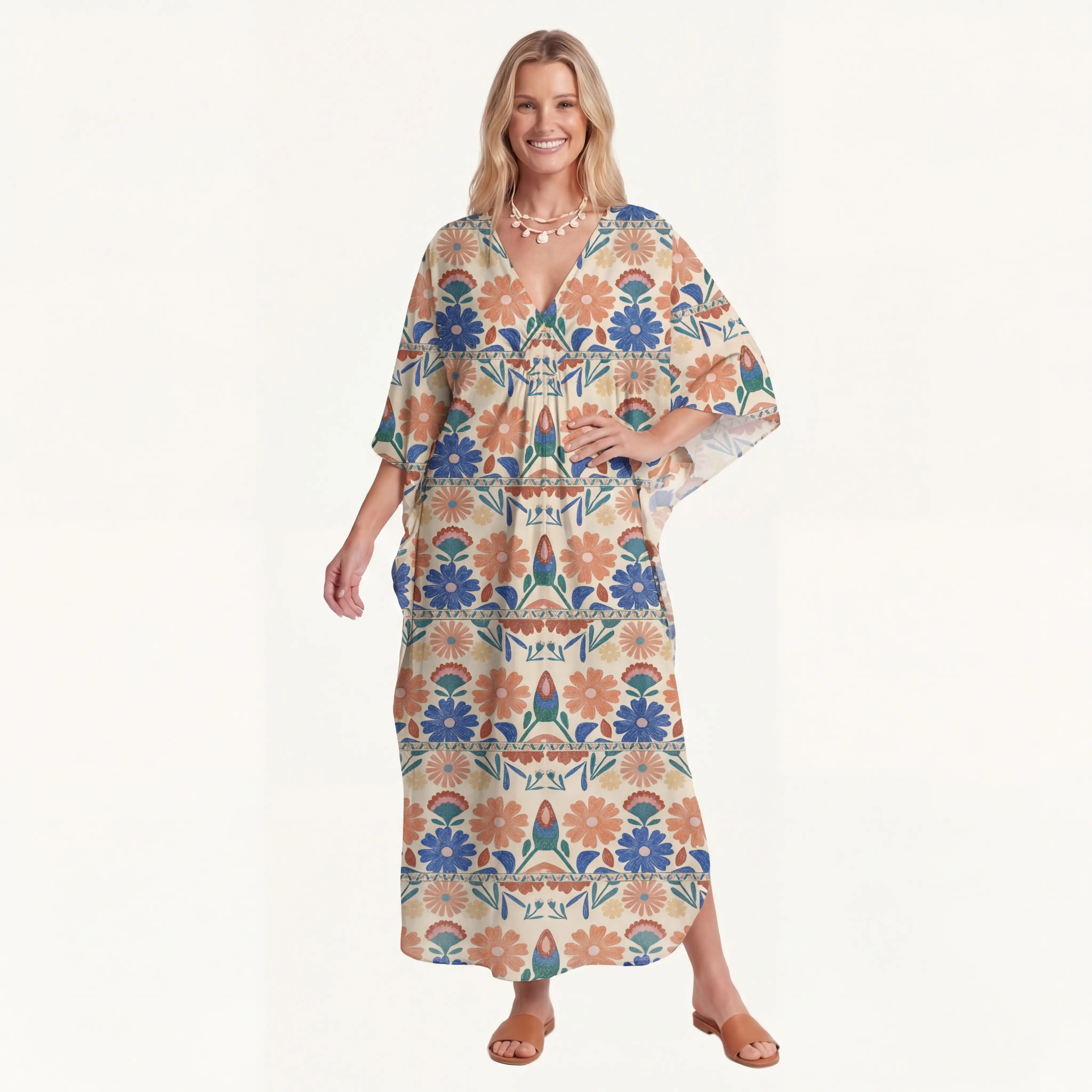  V‑Neck Bohemian Folk Floral Stripe Kimono Sleeve Kaftan Dress