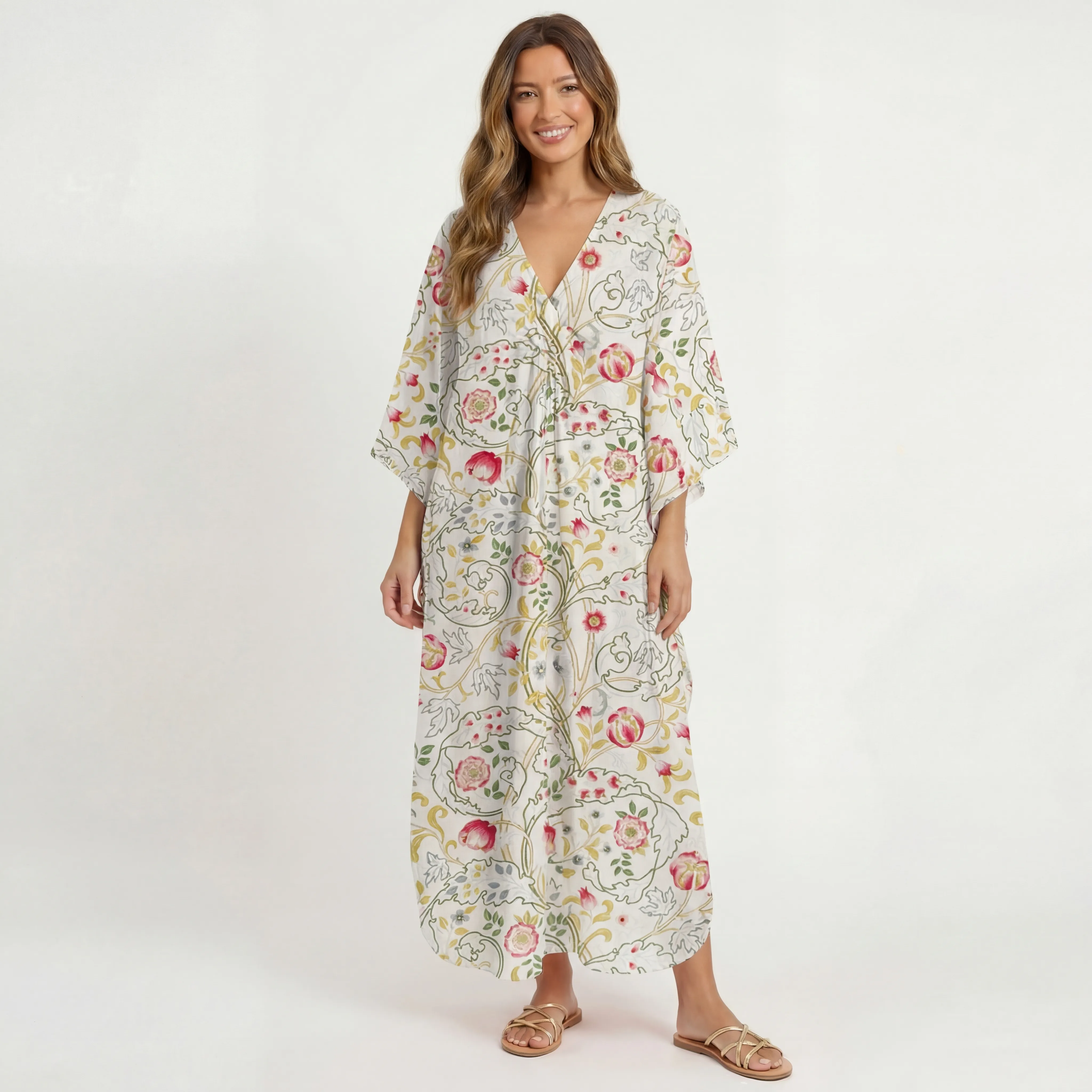 V‑Neck Peony Vine Garden Kimono Sleeve Kaftan Dress
