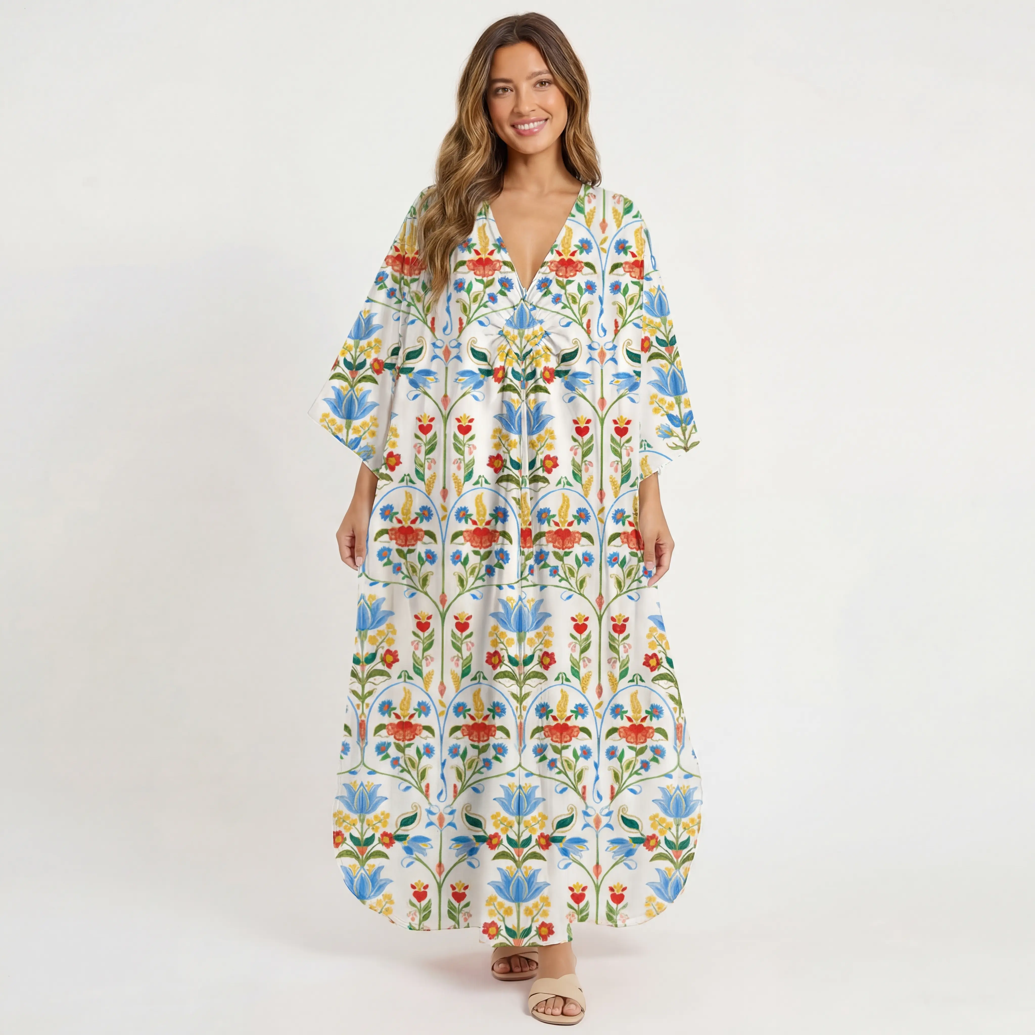  V‑Neck Folk Bloom Kimono Sleeve Kaftan Dress