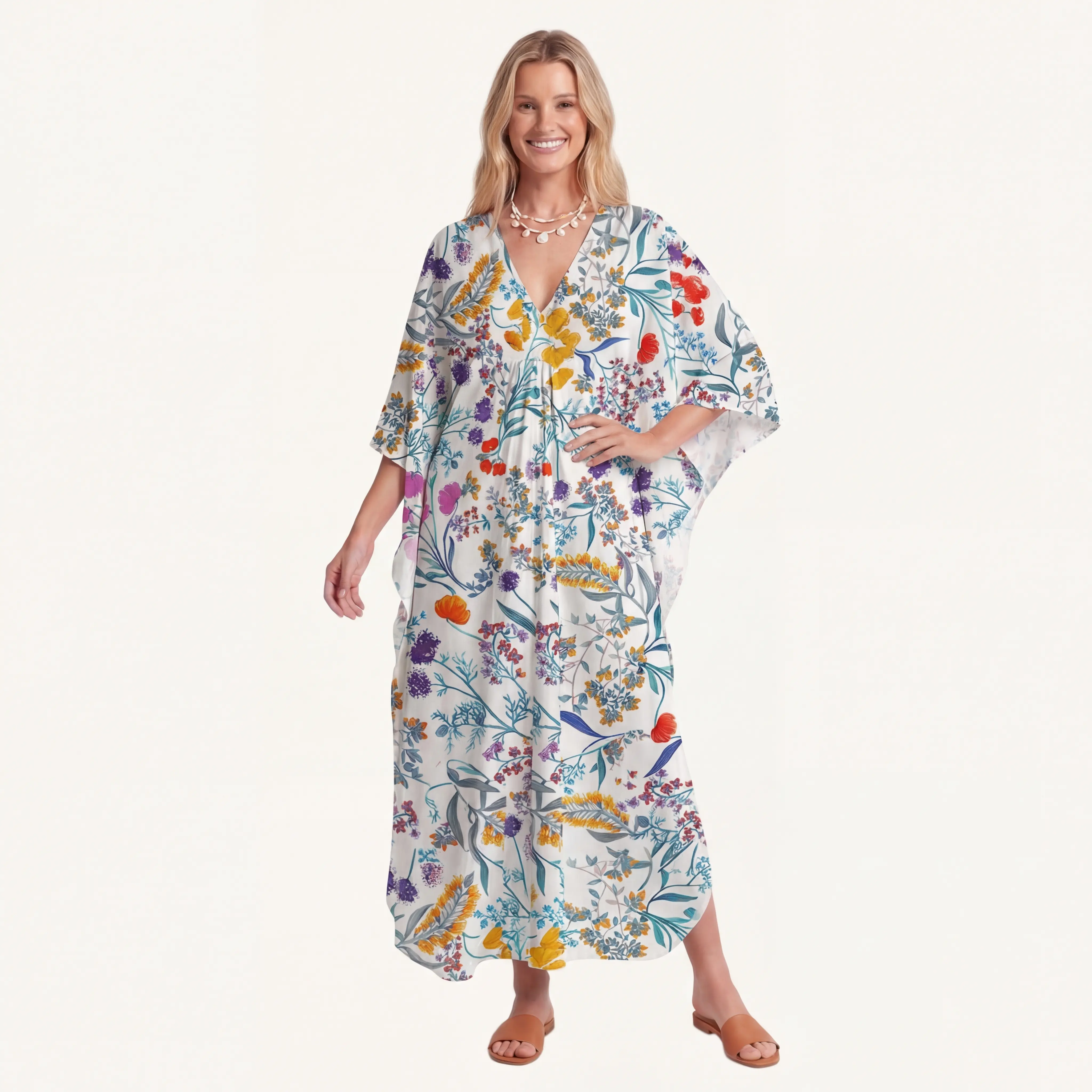  V‑Neck Fiery Meadow Kimono Sleeve Kaftan Dress