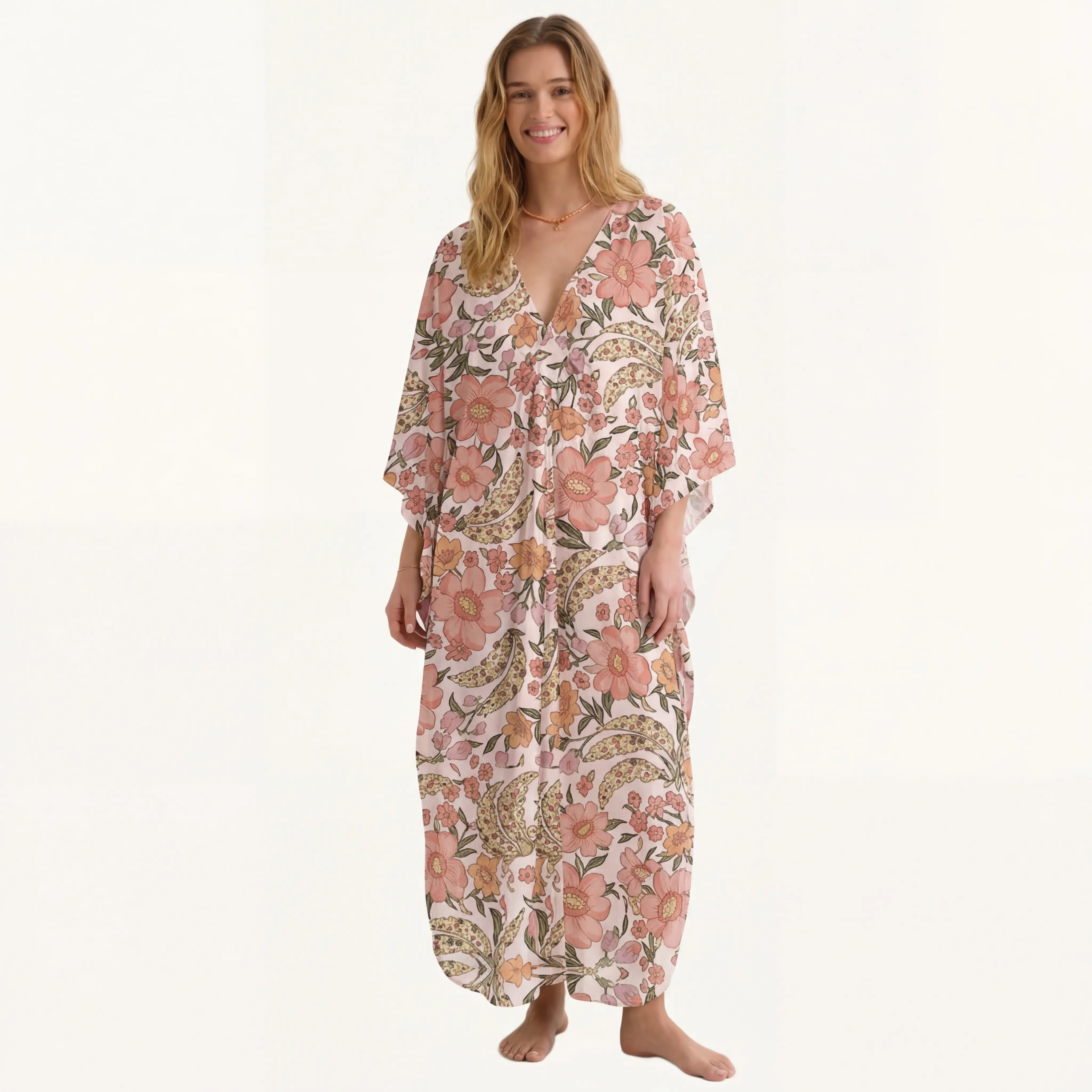  V‑Neck Amber Bloom Kimono Sleeve Kaftan Dress