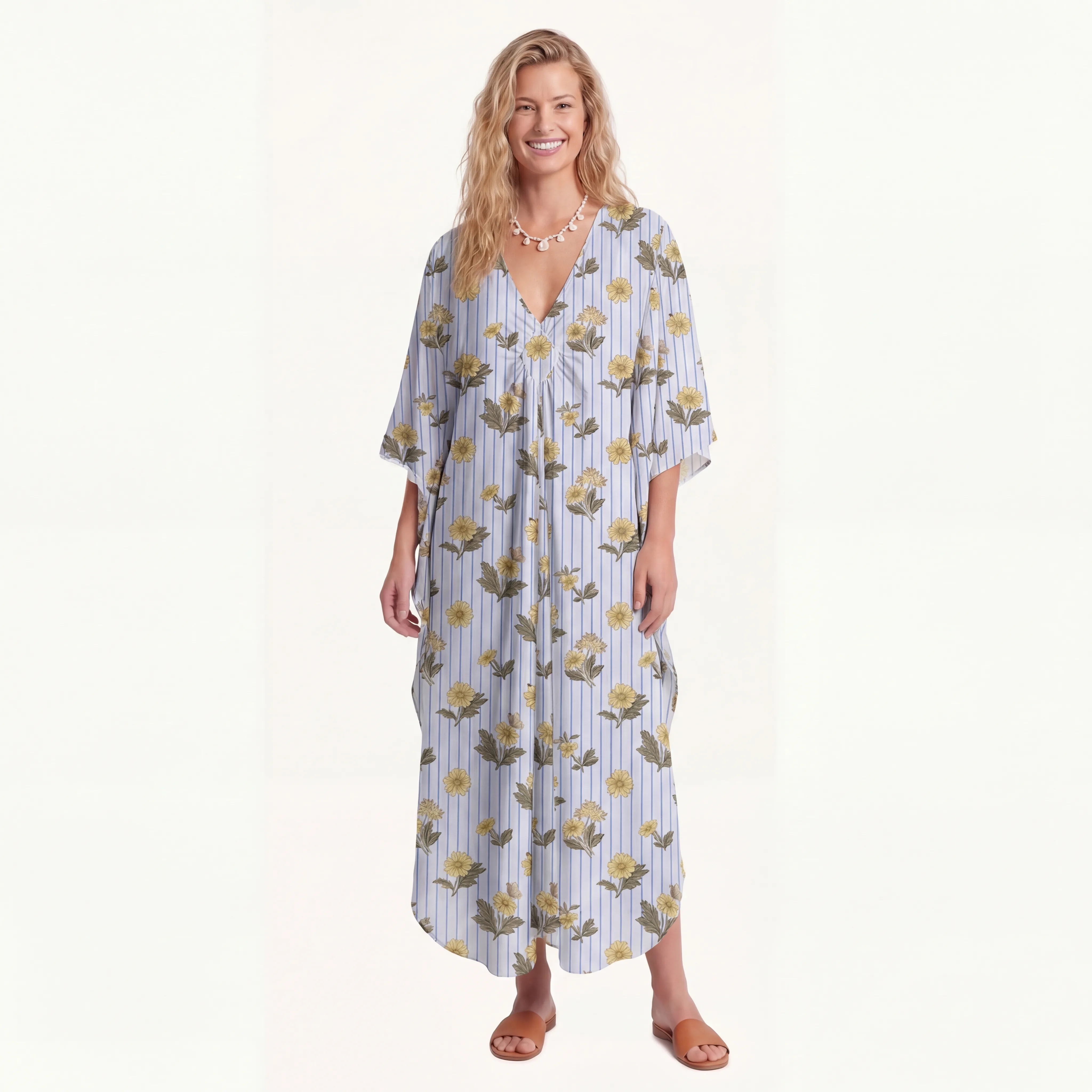  V‑Neck Blue Marigold Kimono Sleeve Kaftan Dress