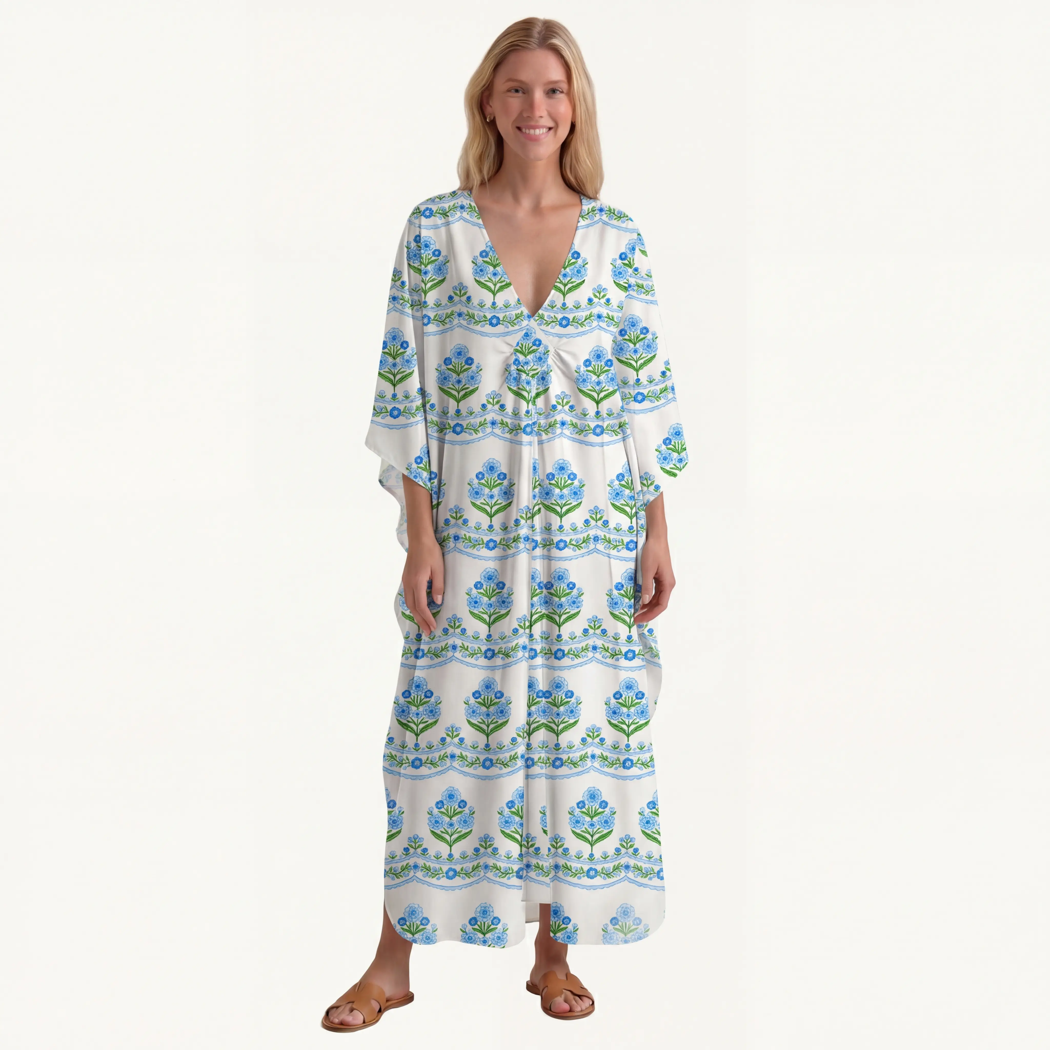  V‑Neck Azure Folk Kimono Sleeve Kaftan Dress
