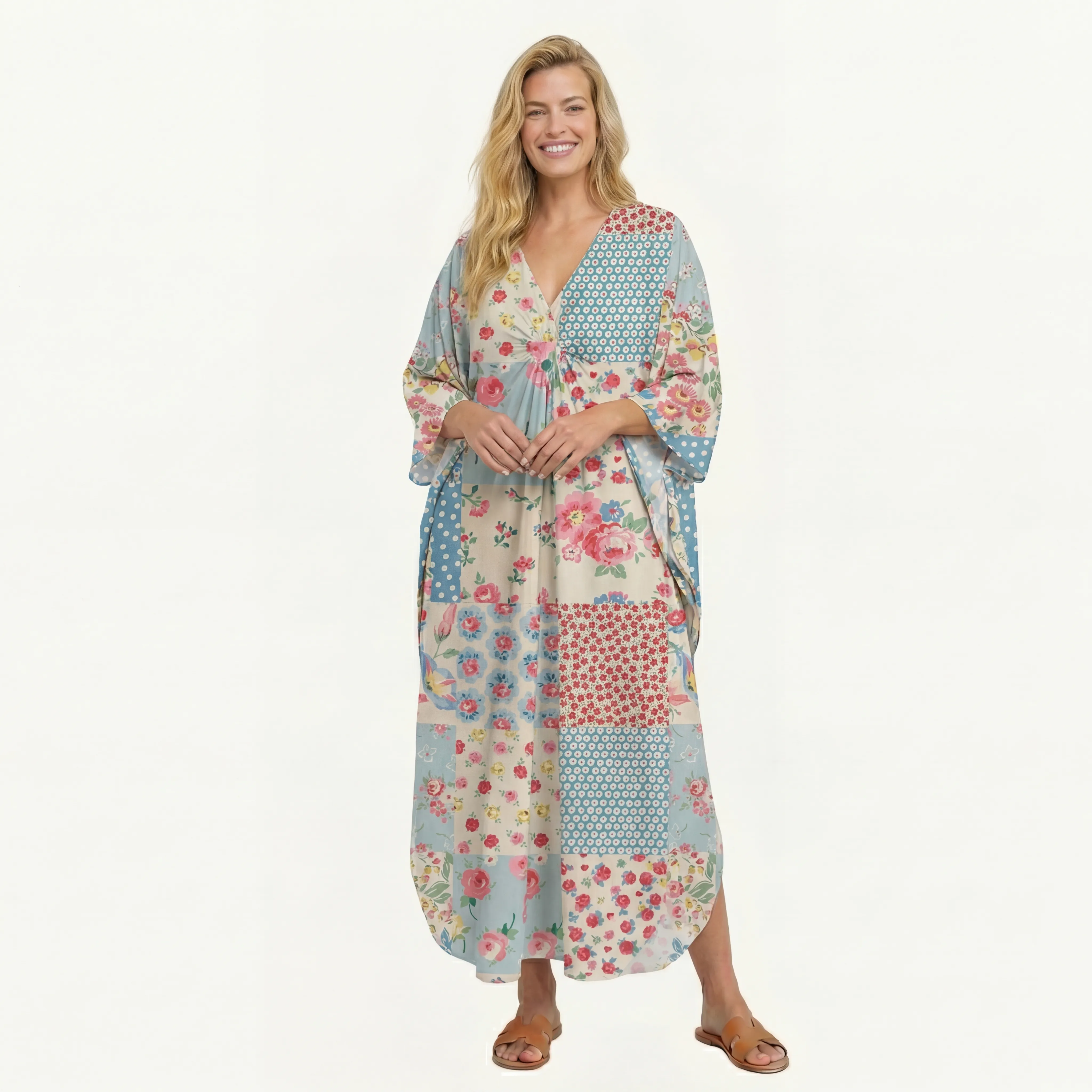  V‑Neck Pastel Patc Kimono Sleeve Kaftan Dress