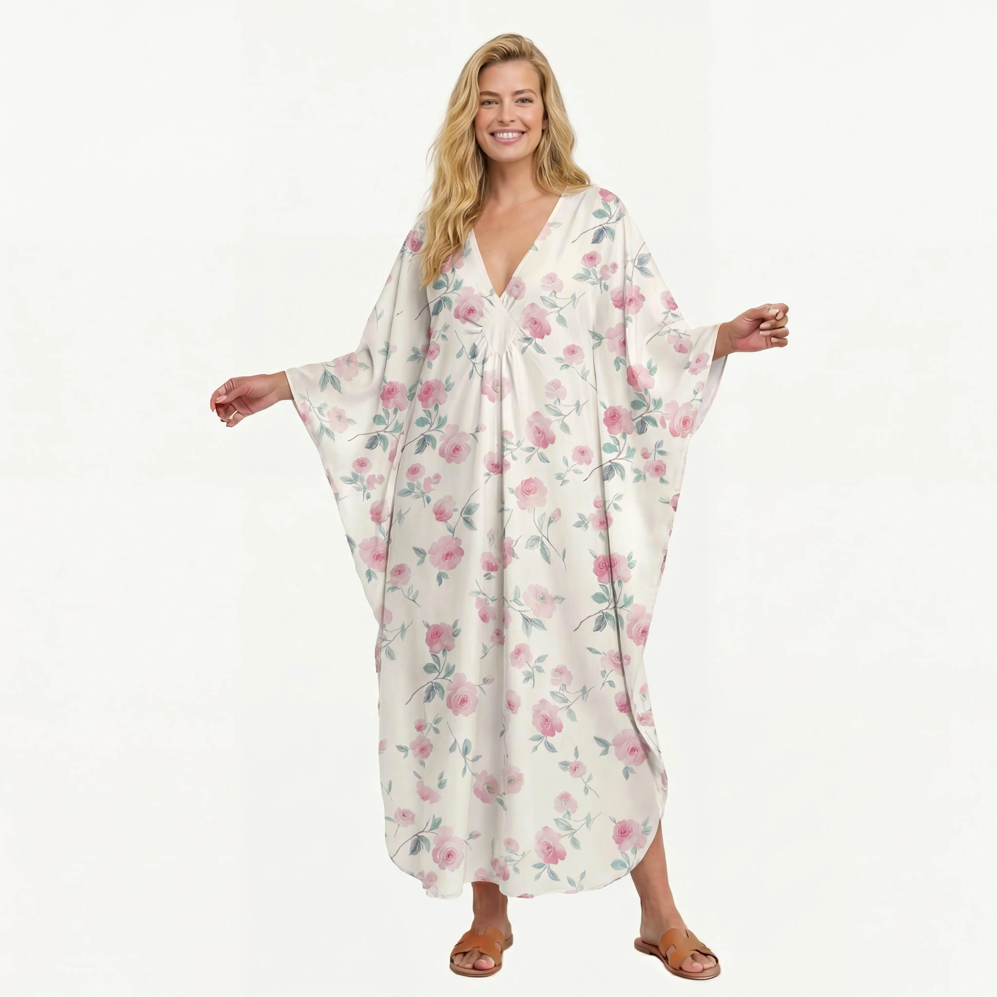 V‑Neck Blush Rose Kimono Sleeve Kaftan Dress