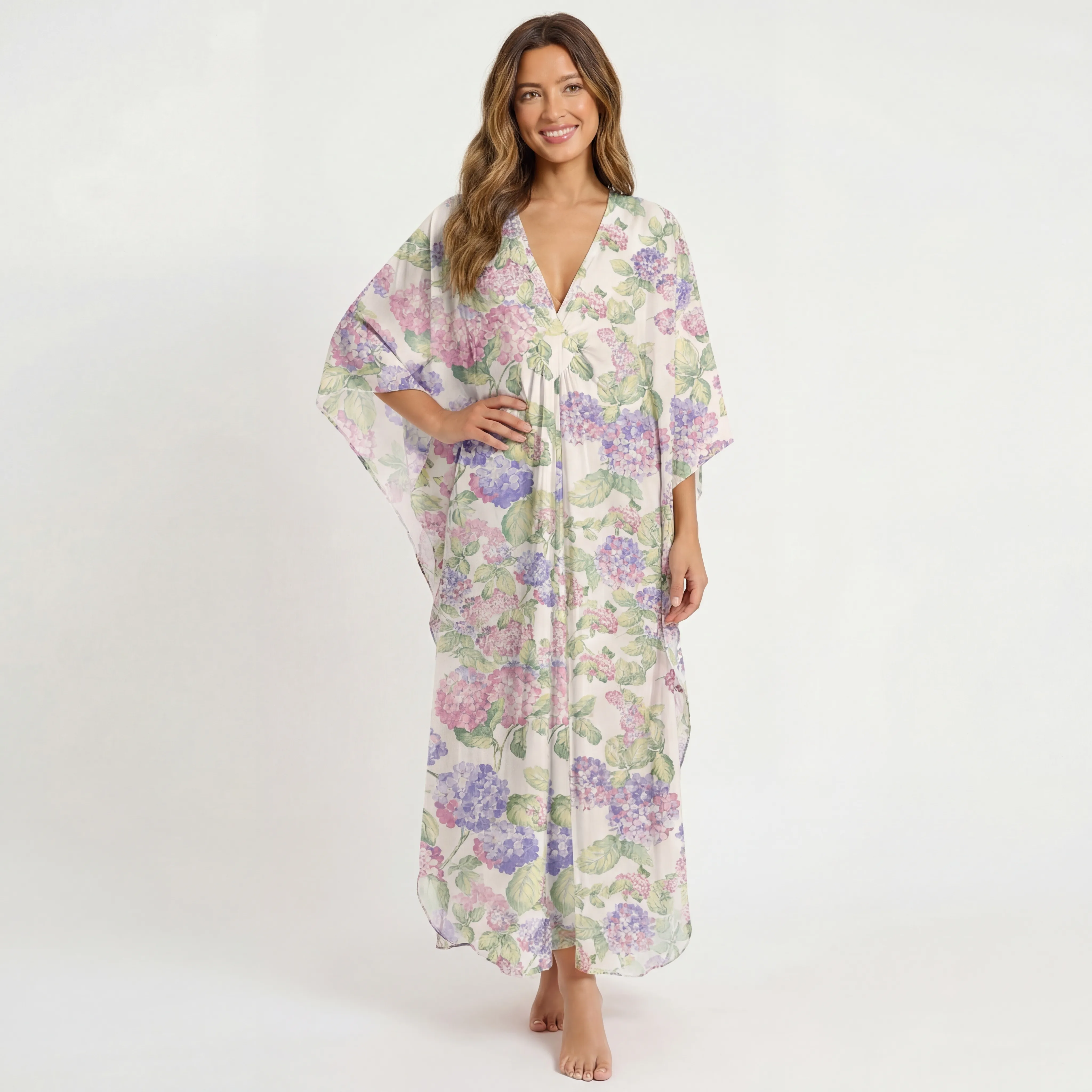  V‑Neck Lilac Hydrangea Kimono Sleeve Kaftan Dress