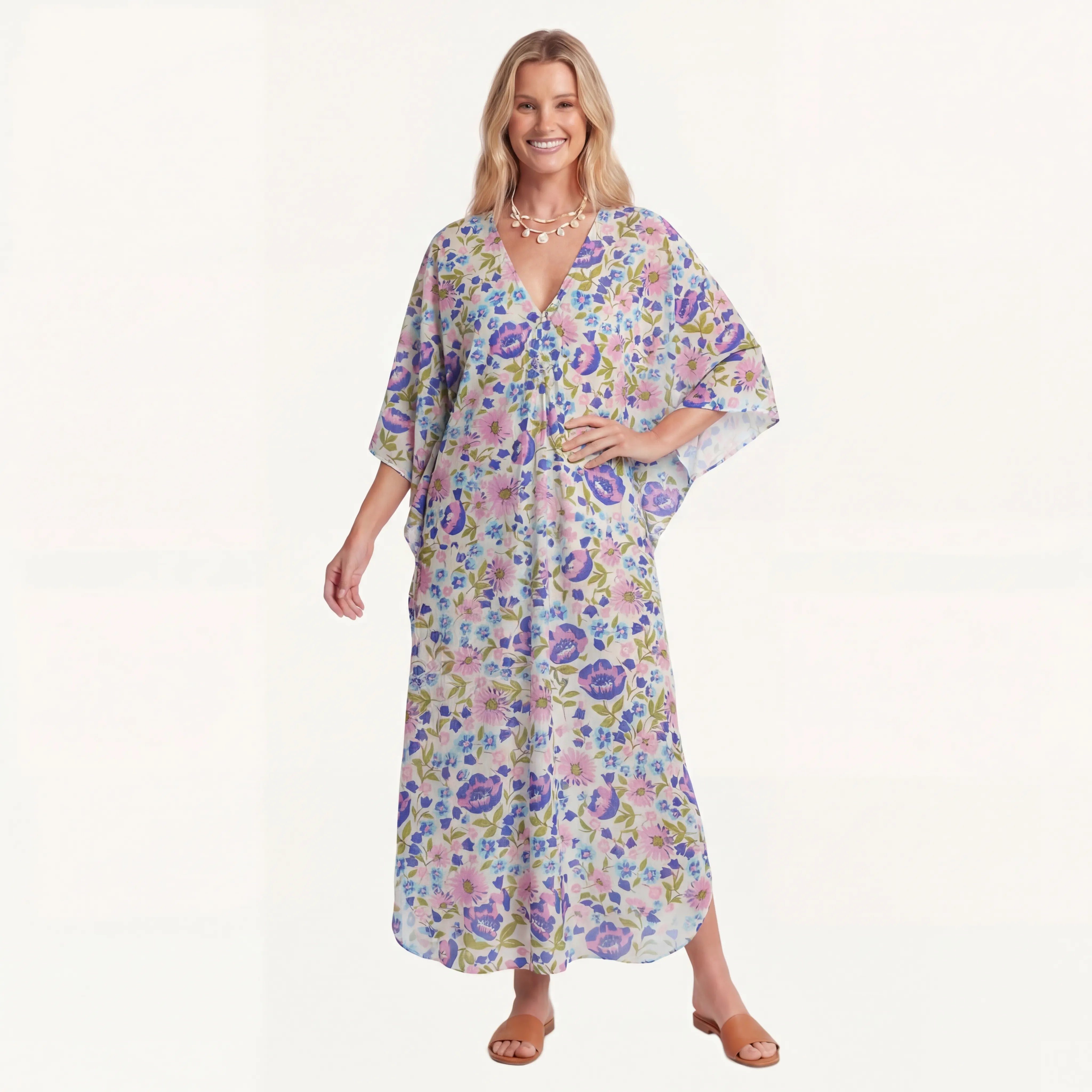  V‑Neck Lavender Bloom Kimono Sleeve Kaftan Dress