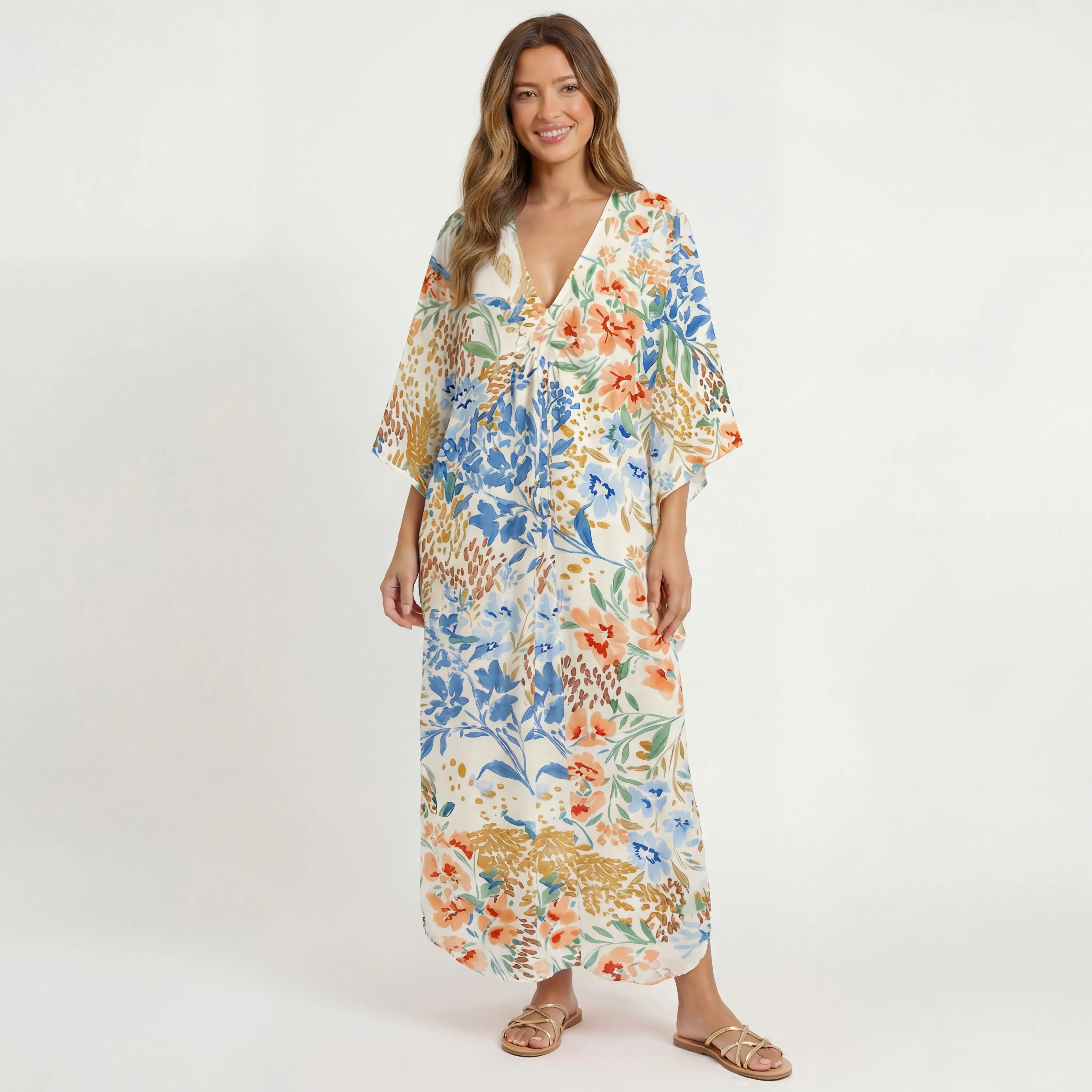  V‑Neck Breeze Meadow Kimono Sleeve Kaftan Dress