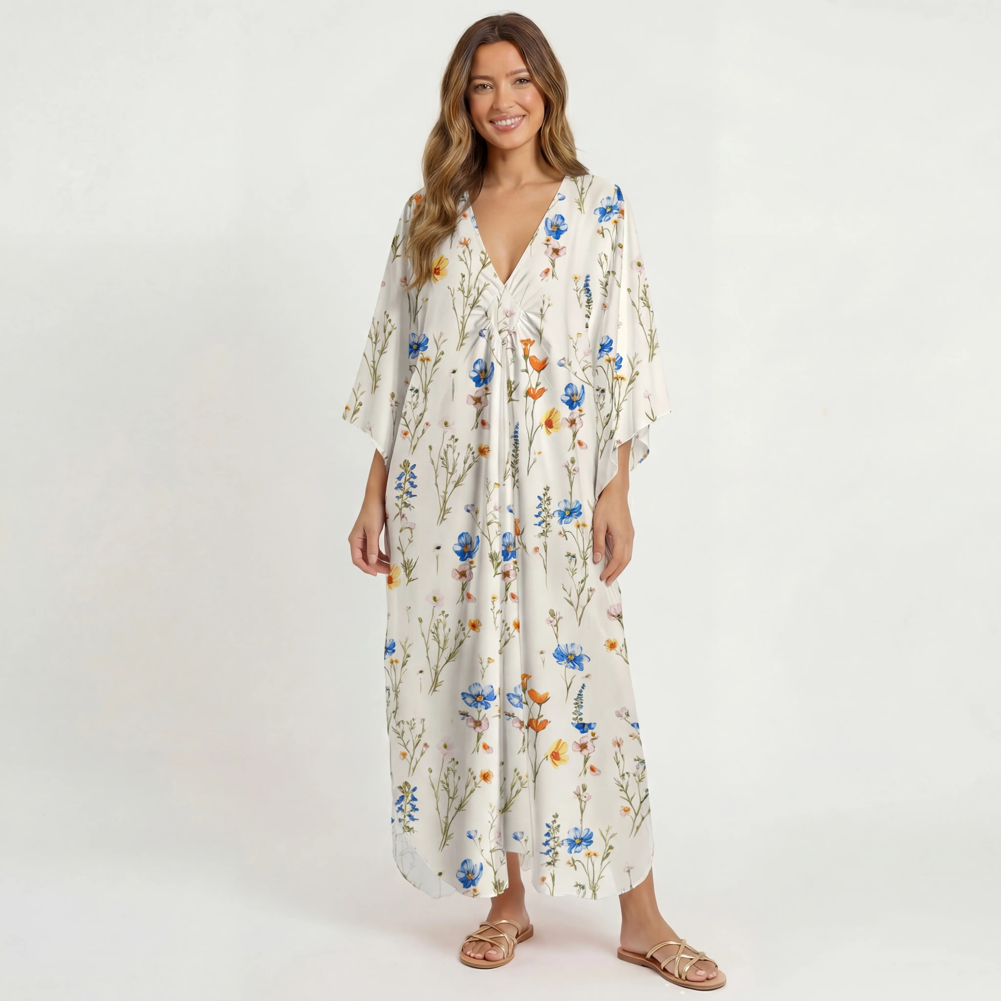  V‑Neck Wild Bloom Kimono Sleeve Kaftan Dress